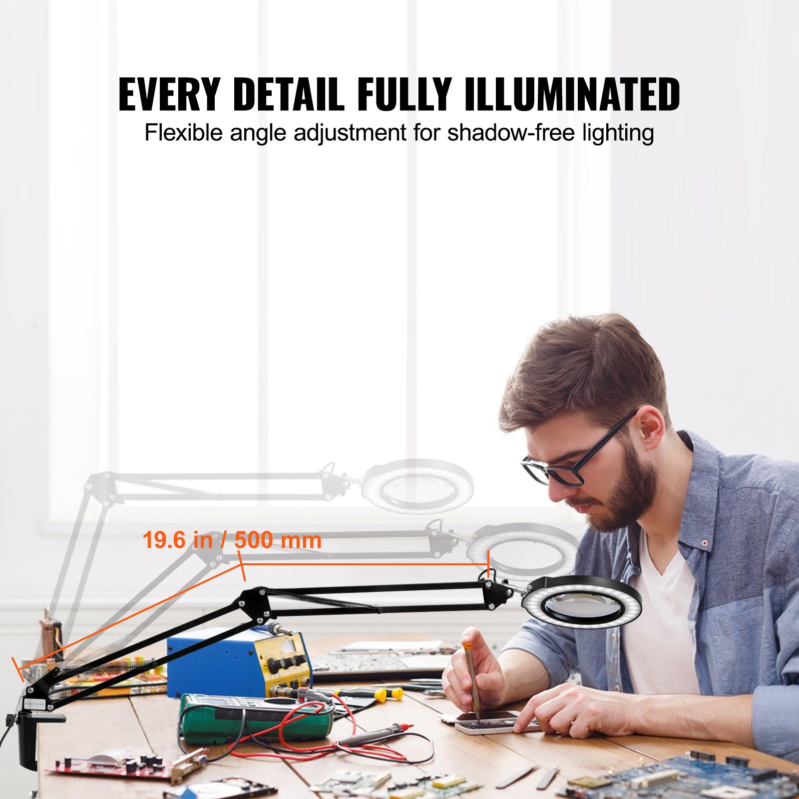 VEVOR 3 en 1 Lámpara de Aumento Fluorescente 5x de Pie, Lupa de Pie con Luz de 5 Modos de Color Lupa de Pie Ajustable en Altura con Luz, Brazo Flexible, Regulación Continua para Lectura y Manualidad