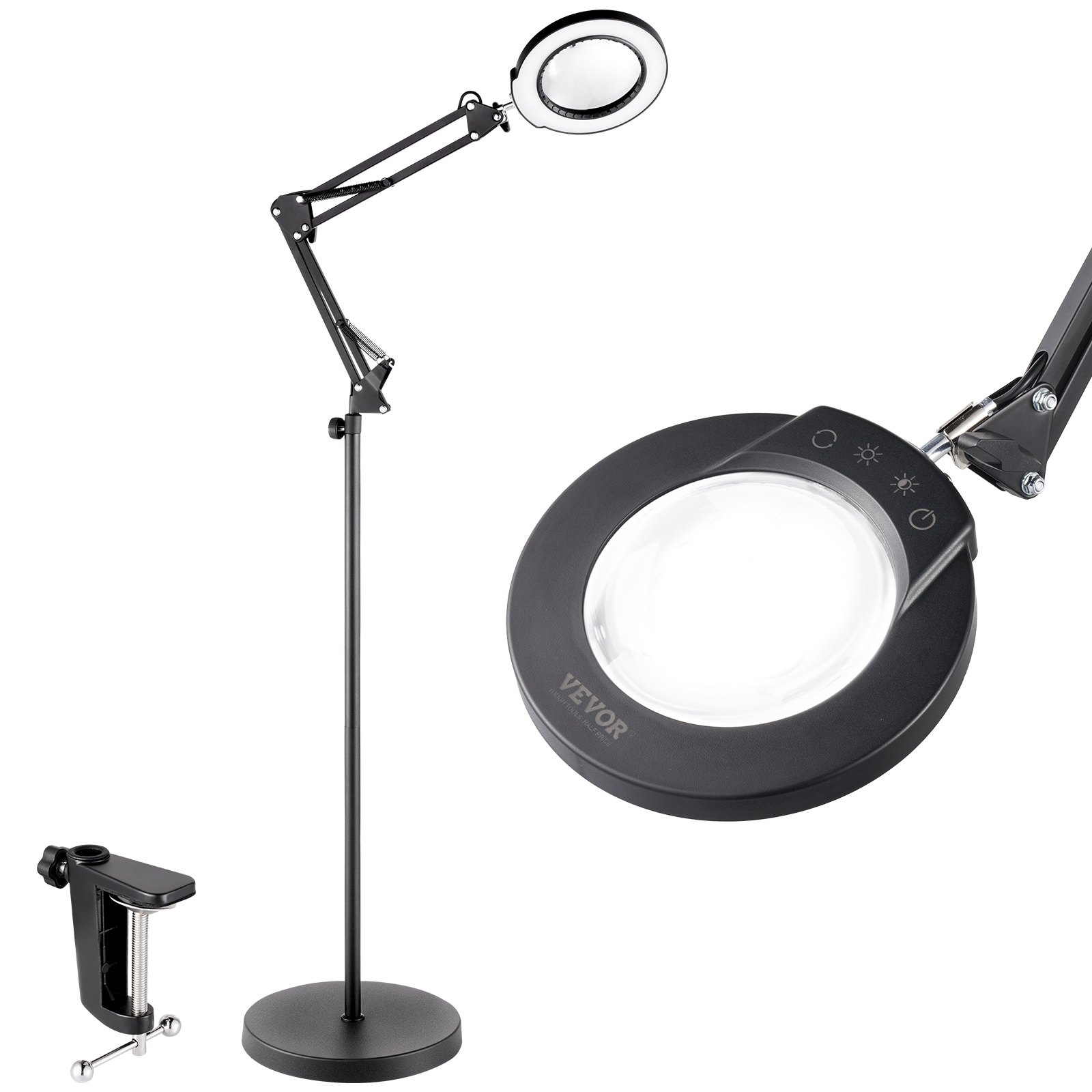 VEVOR 3 en 1 Lámpara de Aumento Fluorescente 5x de Pie, Lupa de Pie con Luz de 5 Modos de Color Lupa de Pie Ajustable en Altura con Luz, Brazo Flexible, Regulación Continua para Lectura y Manualidad
