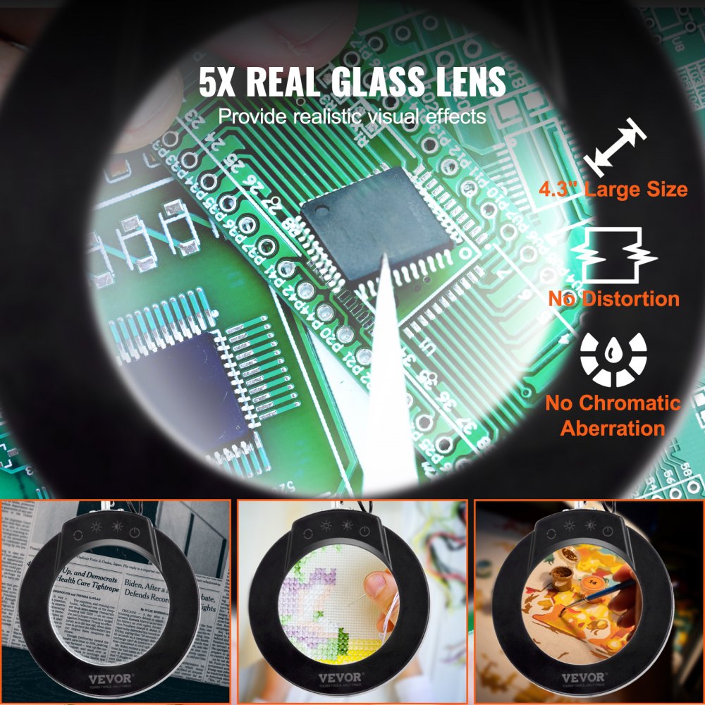 VEVOR Lámpara de Aumento 5X 64 LED en 5 Colores y 5 Brillo Ajustable Lupa de Lectura con Iluminación y Abrazadera Lente de Vidrio 11 cm para Trabajos de Precisión Reparación Costura Reloj Artesanía
