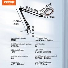 VEVOR Lámpara de Aumento 5X 64 LED en 5 Colores y 5 Brillo Ajustable Lupa de Lectura con Iluminación y Abrazadera Lente de Vidrio 11 cm para Trabajos de Precisión Reparación Costura Reloj Artesanía