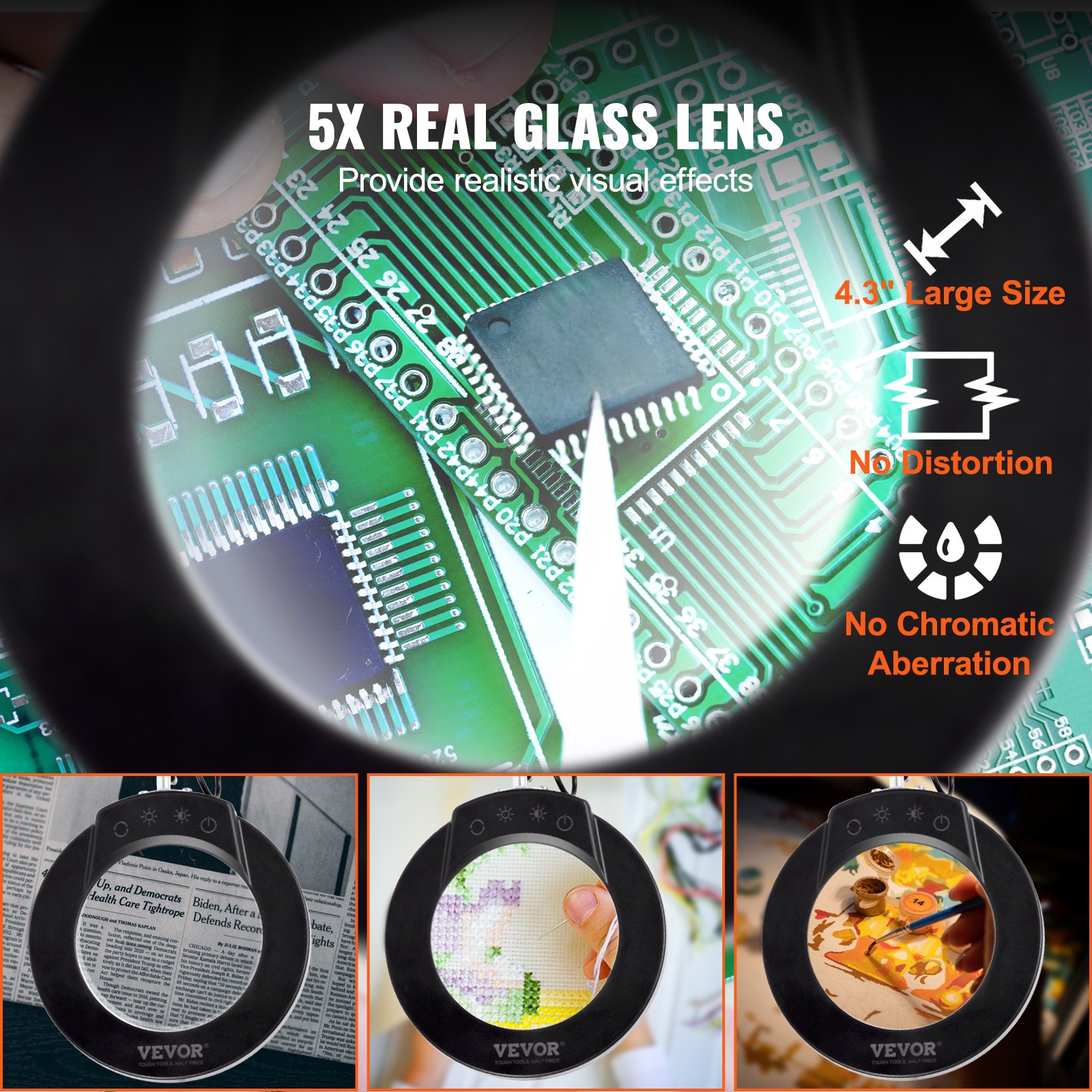 VEVOR Lámpara de Aumento 5X 64 LED en 5 Colores y 5 Brillo Ajustable Lupa de Lectura con Iluminación y Abrazadera Lente de Vidrio 11 cm para Trabajos de Precisión Reparación Costura Reloj Artesanía