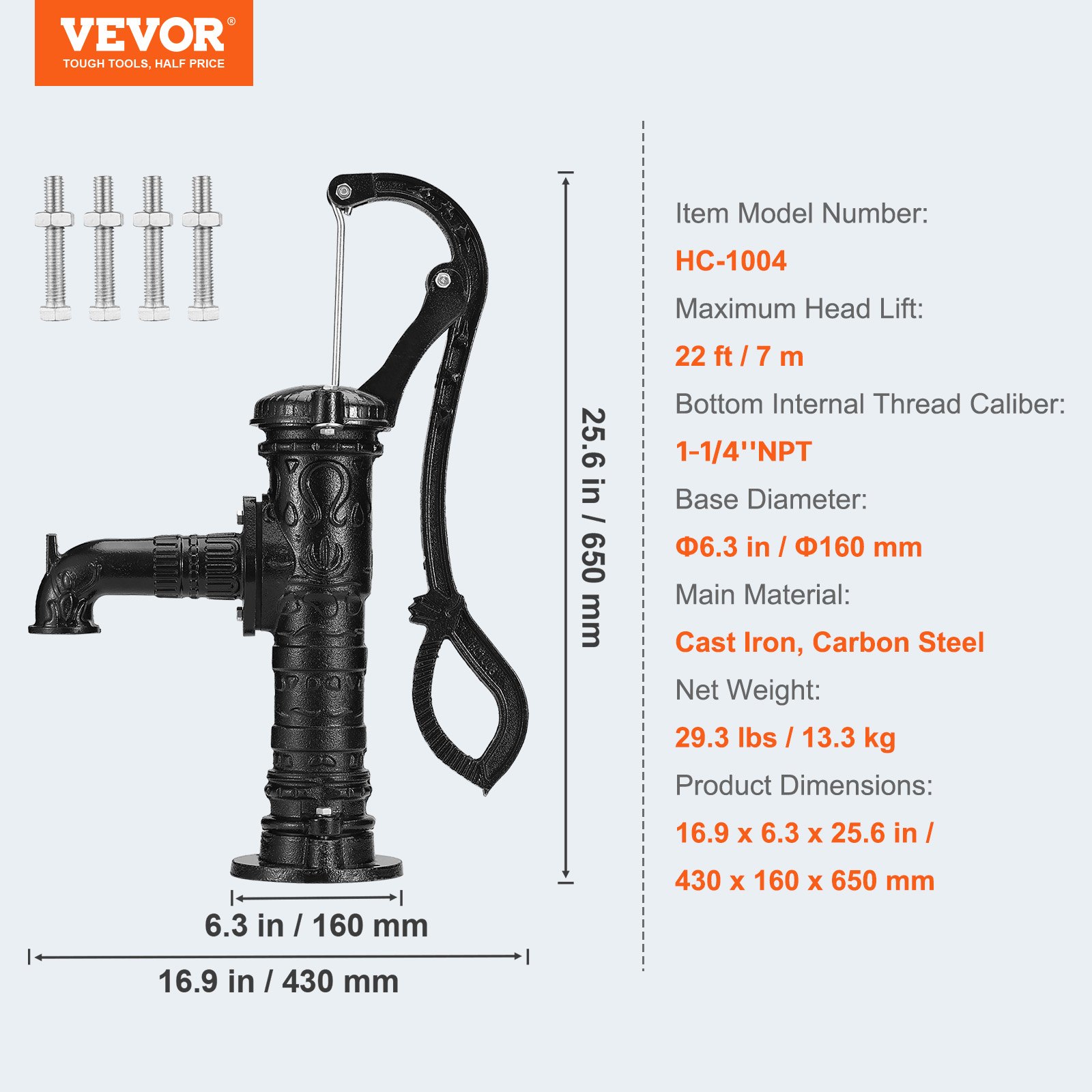 VEVOR Bomba de Mano de Hierro Fundido 40 x 15 x 68 cm Bomba de Agua Manual Antigua, Profundidad Máxima de Bomba de 6 m, Bomba Manual Decorativa para Jardín al Aire Libre con Mango Ergonómico, Negro