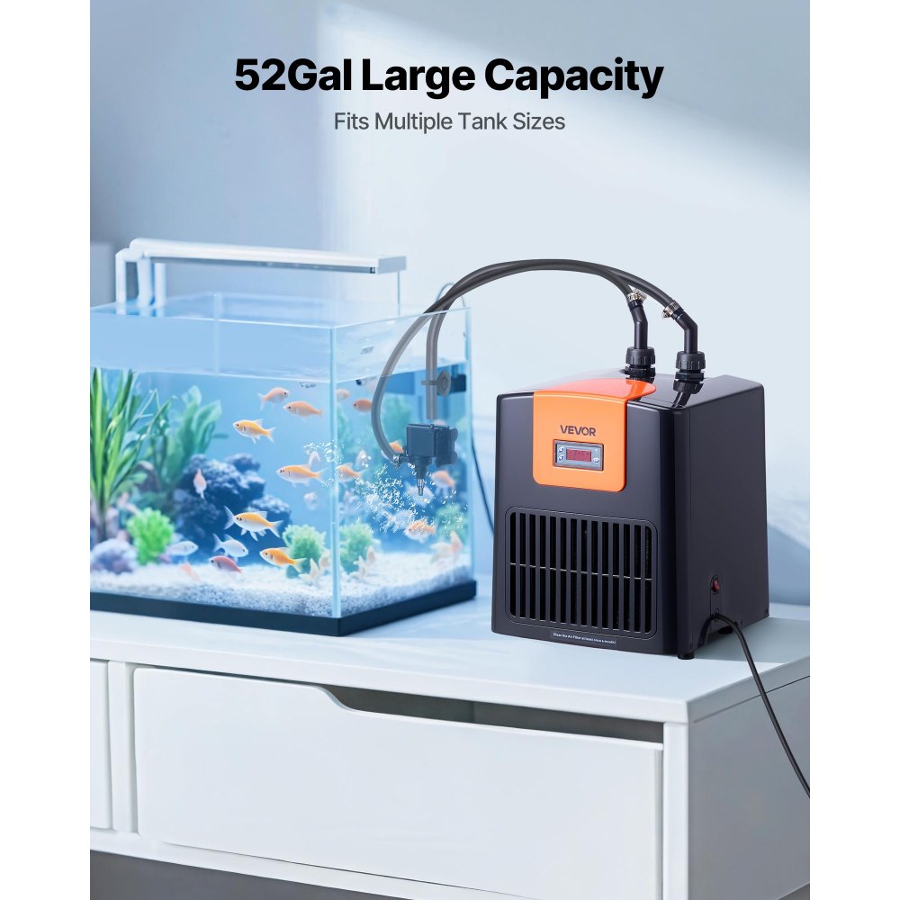 VEVOR Enfriador de Acuario de 200 L, para Hidroponía, para Peceras, Ajolotes y Arrecifes de Coral, Compresor de Refrigeración Silencioso, Evaporador de Titanio y Accesorios, 315 x 300 x 396 mm