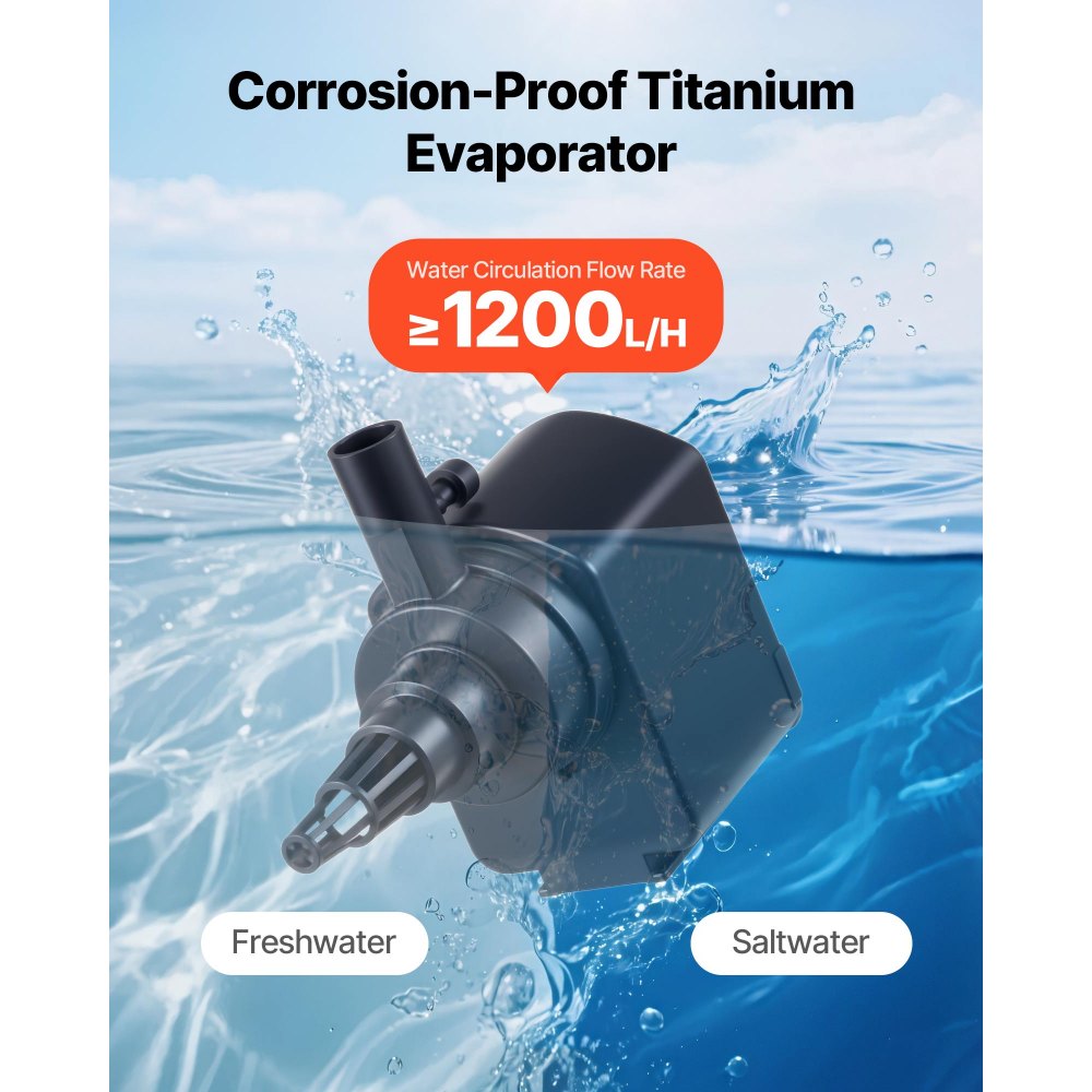 VEVOR Enfriador de Acuario de 200 L, para Hidroponía, para Peceras, Ajolotes y Arrecifes de Coral, Compresor de Refrigeración Silencioso, Evaporador de Titanio y Accesorios, 315 x 300 x 396 mm