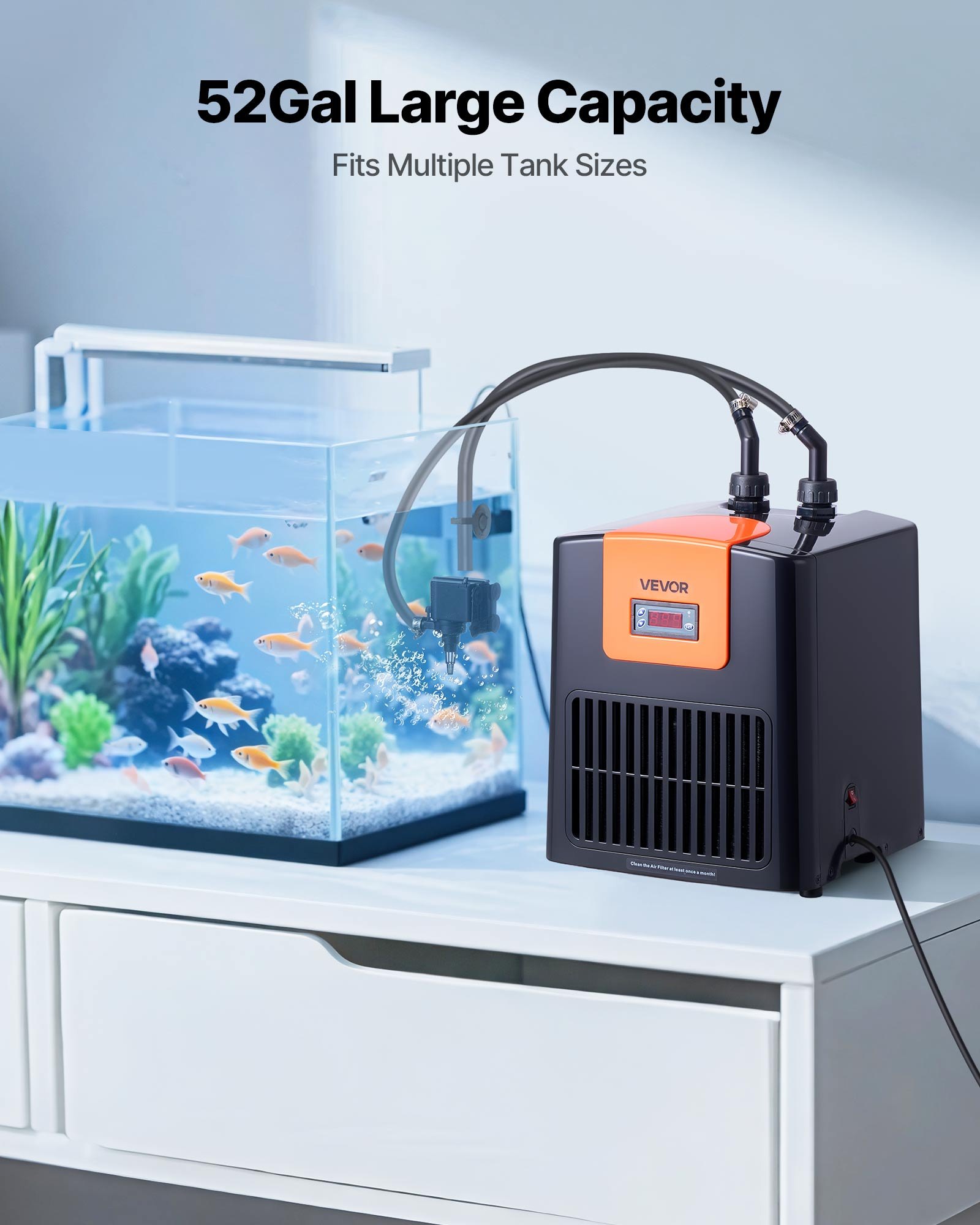 VEVOR Enfriador de Acuario de 200 L, para Hidroponía, para Peceras, Ajolotes y Arrecifes de Coral, Compresor de Refrigeración Silencioso, Evaporador de Titanio y Accesorios, 315 x 300 x 396 mm