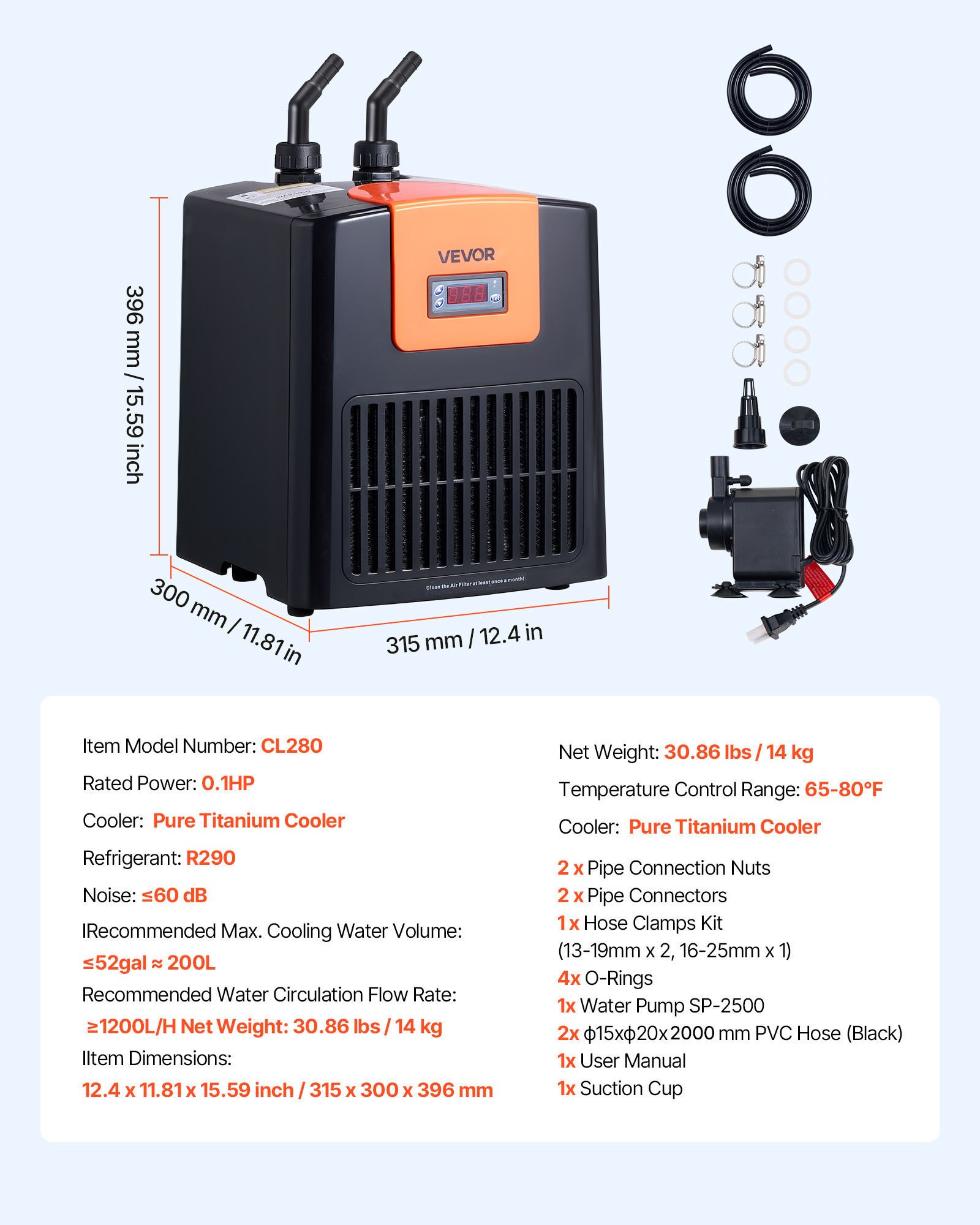 VEVOR Enfriador de Acuario de 200 L, para Hidroponía, para Peceras, Ajolotes y Arrecifes de Coral, Compresor de Refrigeración Silencioso, Evaporador de Titanio y Accesorios, 315 x 300 x 396 mm