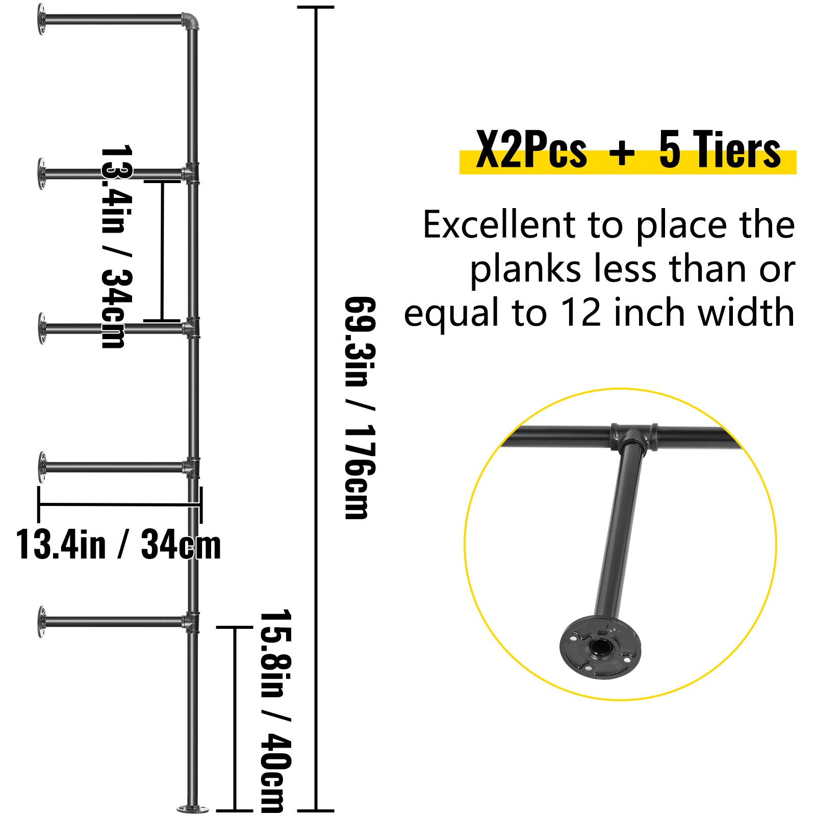 VEVOR 2PCS Tuberías de Estantería Industrial 5 Niveles Soporte de Pared Retro 34x176cm Estante de Tubería Flotante Cada Capa Carga 20kg Tubo para Almacenamiento de Pared para Cocina Dormitorio Oficina