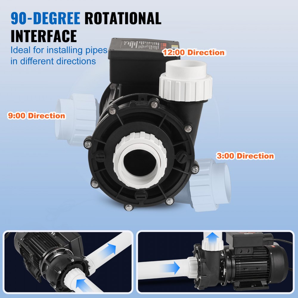 VEVOR 2-speed spa pump, 48 frame, whirlpool spa pump with two speeds, 1100 W / 35 m³/h / 13 m high speed or 250 W / 14 m³/h / 2.8 m low speed, 2-inch connection, 90° rotatable interface for whirlpools, TÜV certified