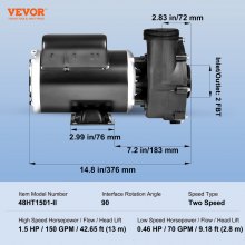 VEVOR Bomba de Hidromasaje de 2 Velocidades, bomba para jacuzzi de 48 marcos, 1100 W/35 M³/h/13 M de alta velocidad o 250 W/14 M³/h/2,8 M de baja velocidad, conectores de 2 pulgadas/5,6 cm, interfaz giratoria de 90°, protección contra fugas y sobrecalentamiento, apagado automático para spas domésticos, spas al aire libre y spas subterráneos