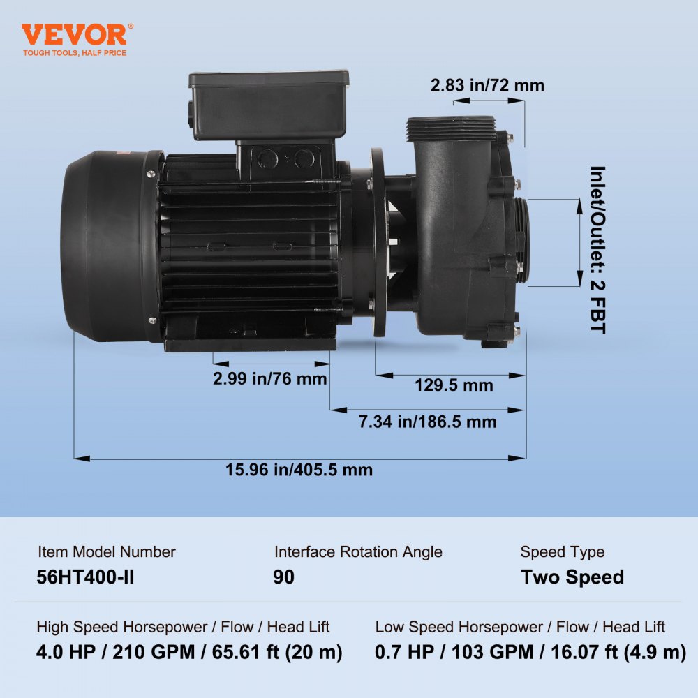 VEVOR 2-speed spa pump, 56 frame, whirlpool spa pump with two speeds, 1900 W / 43 m³/h / 18 m high speed or 450 W / 21.5 m³/h / 4.4 m low speed, 2-inch connection, 90° rotatable interface for whirlpools, TÜV certified
