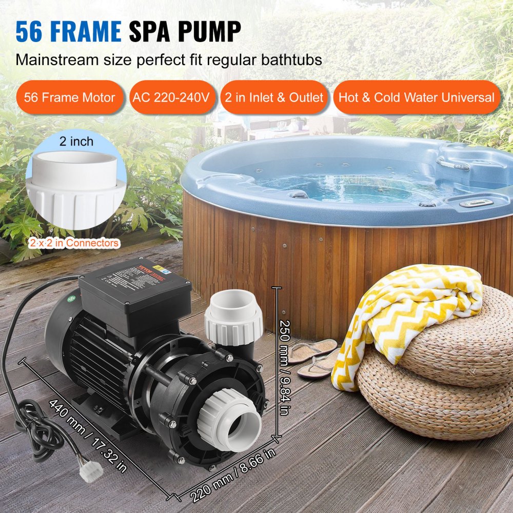 Bomba de spa de 2 velocidades VEVOR, marco 56, bomba de spa de dos velocidades para jacuzzi, 1900 W/43 m³/h/18 m de alta velocidad o 450 W/21,5 m³/h/4,4 m de baja velocidad, interfaz giratoria de 90° con puerto de 2'' para jacuzzi, certificación TÜV
