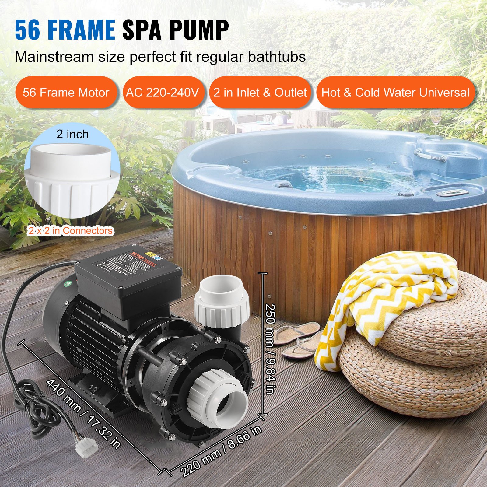 Bomba de spa de 2 velocidades VEVOR, marco 56, bomba de spa de dos velocidades para jacuzzi, 1900 W/43 m³/h/18 m de alta velocidad o 450 W/21,5 m³/h/4,4 m de baja velocidad, interfaz giratoria de 90° con puerto de 2'' para jacuzzi, certificación TÜV