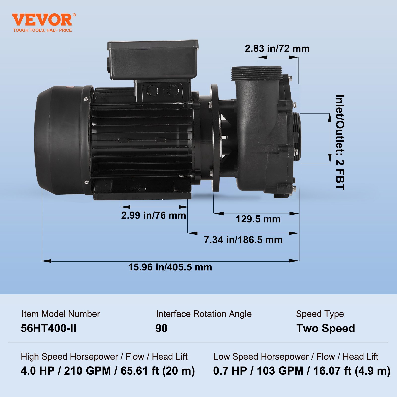 Bomba de spa de 2 velocidades VEVOR, marco 56, bomba de spa de dos velocidades para jacuzzi, 1900 W/43 m³/h/18 m de alta velocidad o 450 W/21,5 m³/h/4,4 m de baja velocidad, interfaz giratoria de 90° con puerto de 2'' para jacuzzi, certificación TÜV