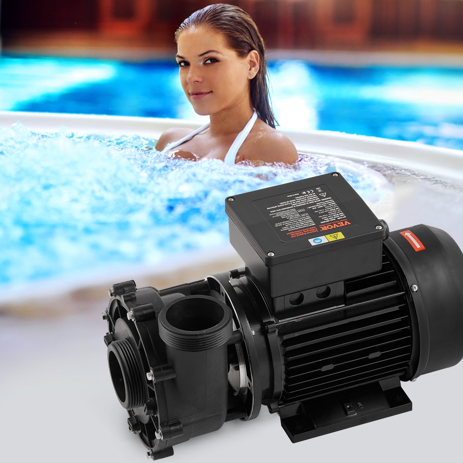 Bomba de spa de 2 velocidades VEVOR, marco 56, bomba de spa de dos velocidades para jacuzzi, 1900 W/43 m³/h/18 m de alta velocidad o 450 W/21,5 m³/h/4,4 m de baja velocidad, interfaz giratoria de 90° con puerto de 2'' para jacuzzi, certificación TÜV