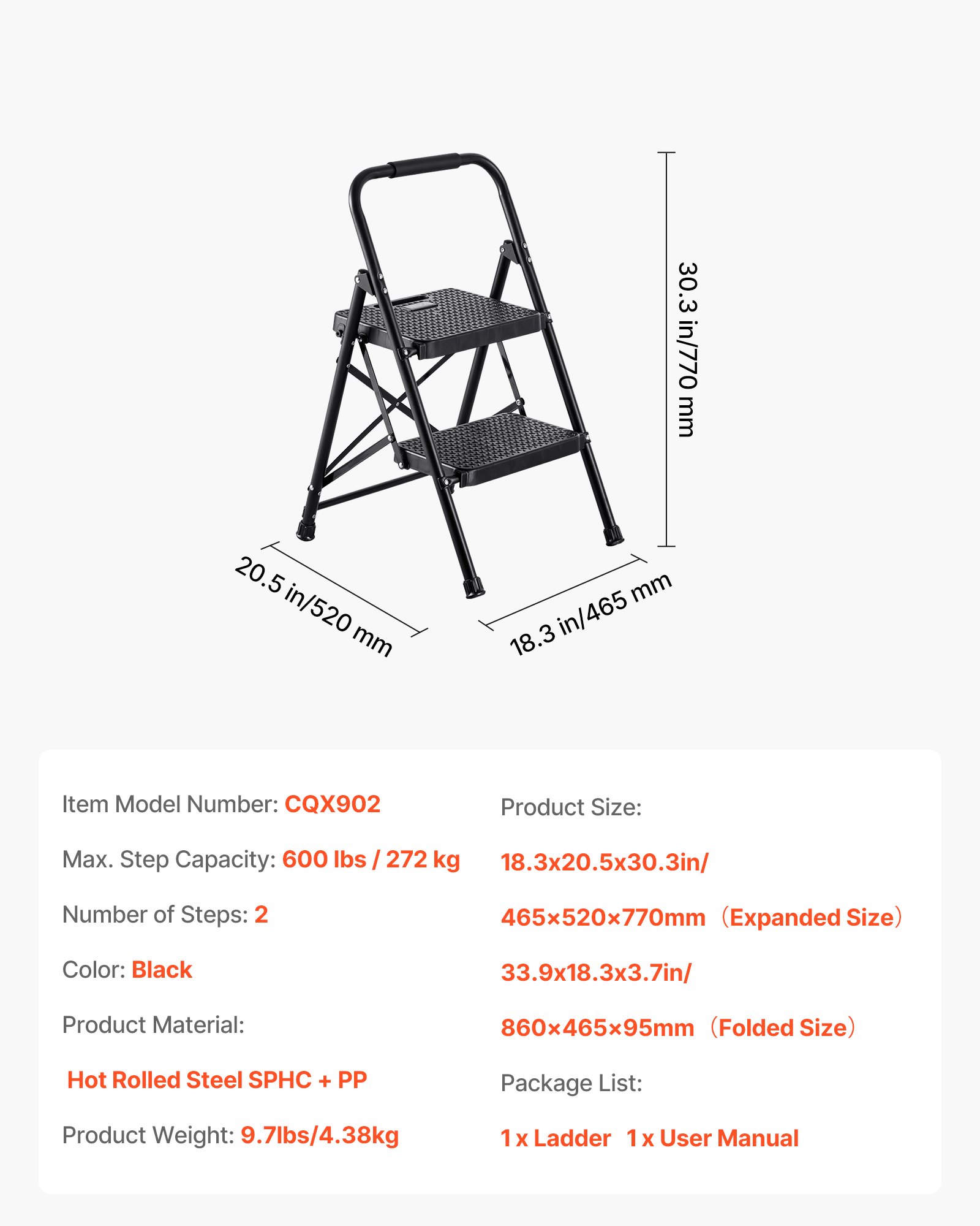 VEVOR Escalera Plegable de 2 Peldaños, Escalera de Tijera con Estructura de Acero, Capacidad de Carga Máx. 272 kg, con Asa Superior de Goma y Pies Antideslizantes, Utensilio para Hogar Cocina Oficina