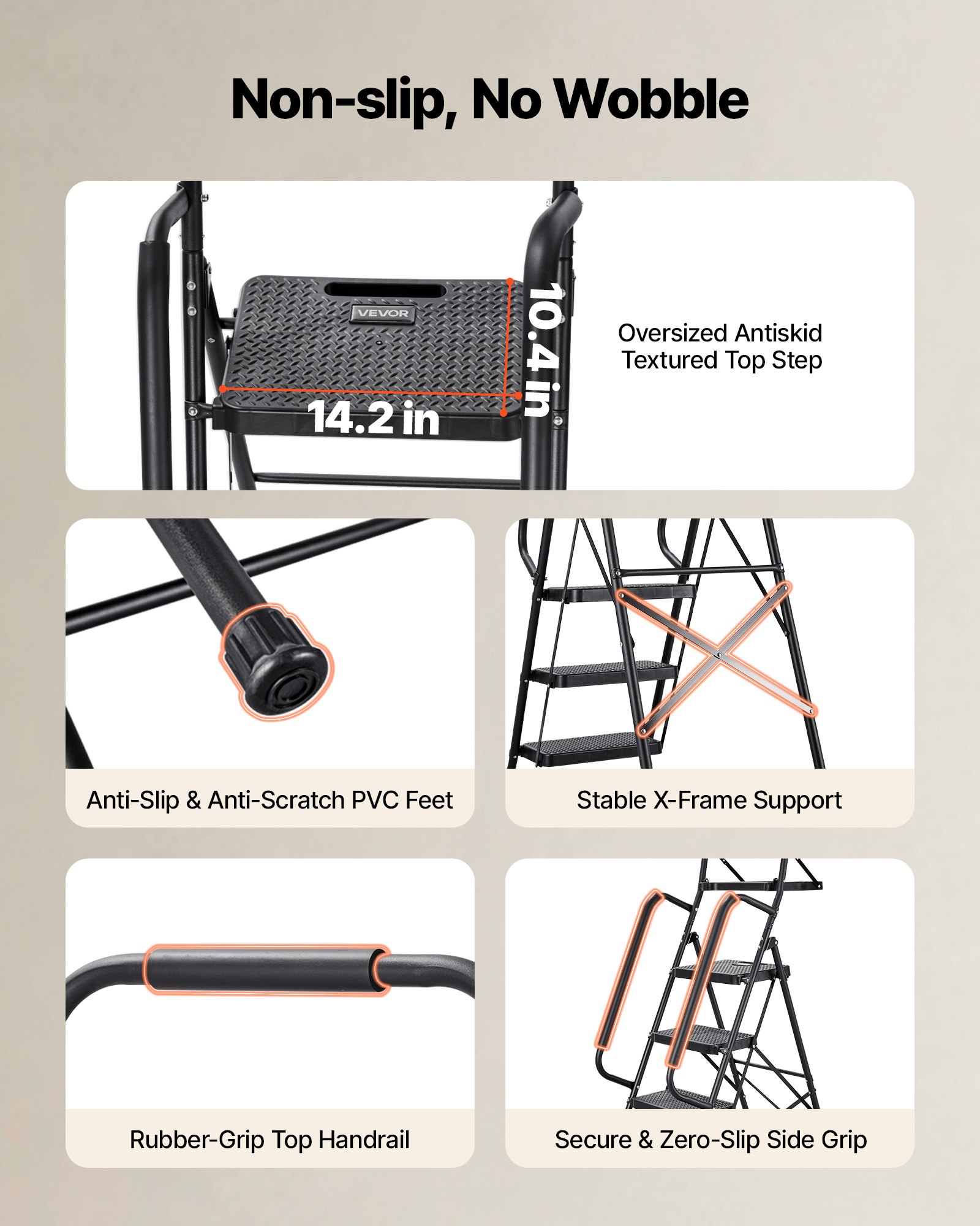 VEVOR Escalera Plegable de 5 Peldaños, Escalera de Tijera con Estructura de Acero, Capacidad de Carga Máx. 272 kg, con Pies Antideslizantes Bandeja de Herramientas Pasamanos, para Doméstico Oficina