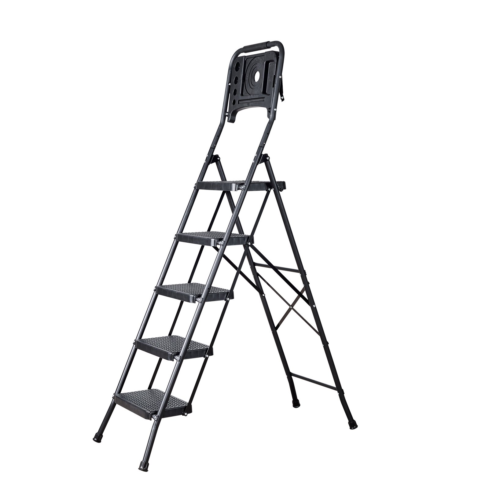 VEVOR Escalera Plegable de 5 Peldaños, Escalera de Tijera con Estructura de Acero, Capacidad de Carga Máx. 272 kg, con Pies Antideslizantes Bandeja de Herramientas Pasamanos, para Doméstico Oficina