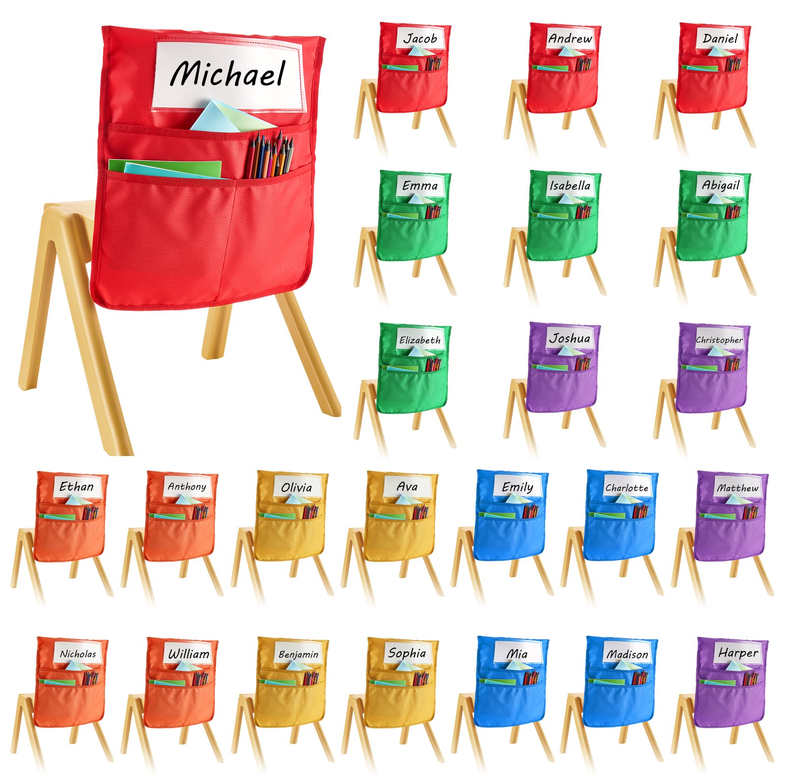 VEVOR 24 Piezas Bolsillos para Sillas para Aula 356 x 380 mm con Etiqueta para Nombre, Organizador para el Respaldo de la Silla para Niños en Aula, Guardería, Escuela y Hogar, 6 Colores Brillantes