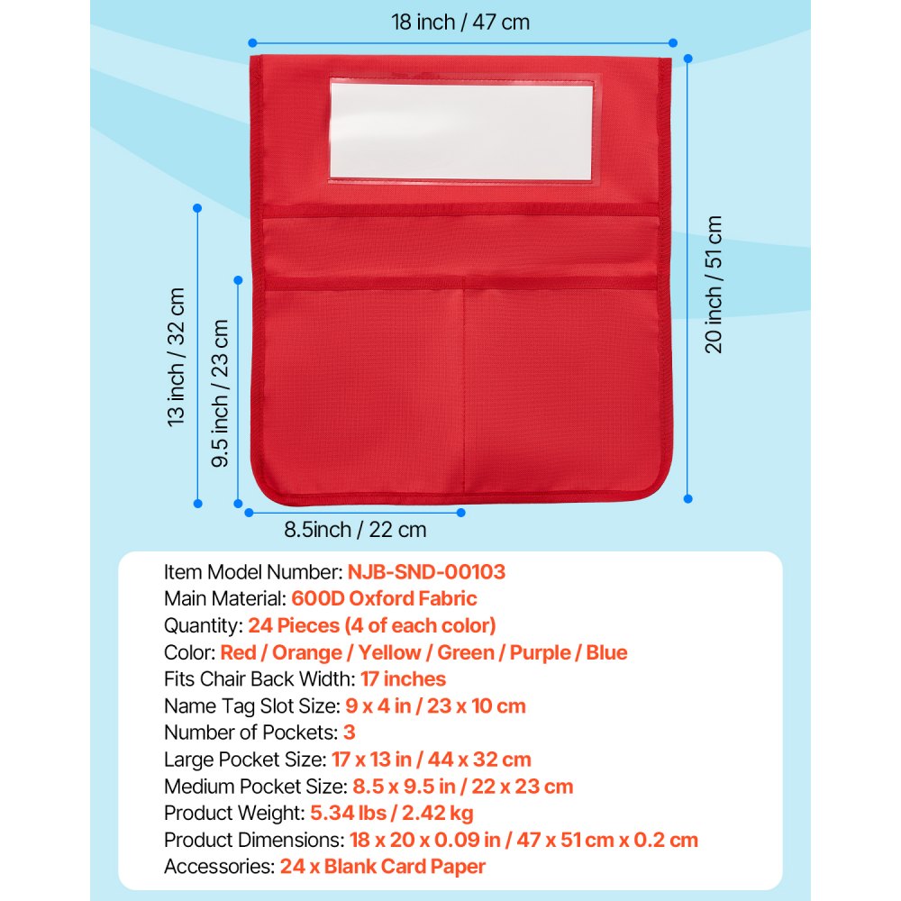 VEVOR 24 Piezas Bolsillos para Sillas para Aula 465 x 510 mm con Etiqueta para Nombre, Organizador para el Respaldo de la Silla para Niños en Aula, Guardería, Escuela y Hogar, 6 Colores Brillantes