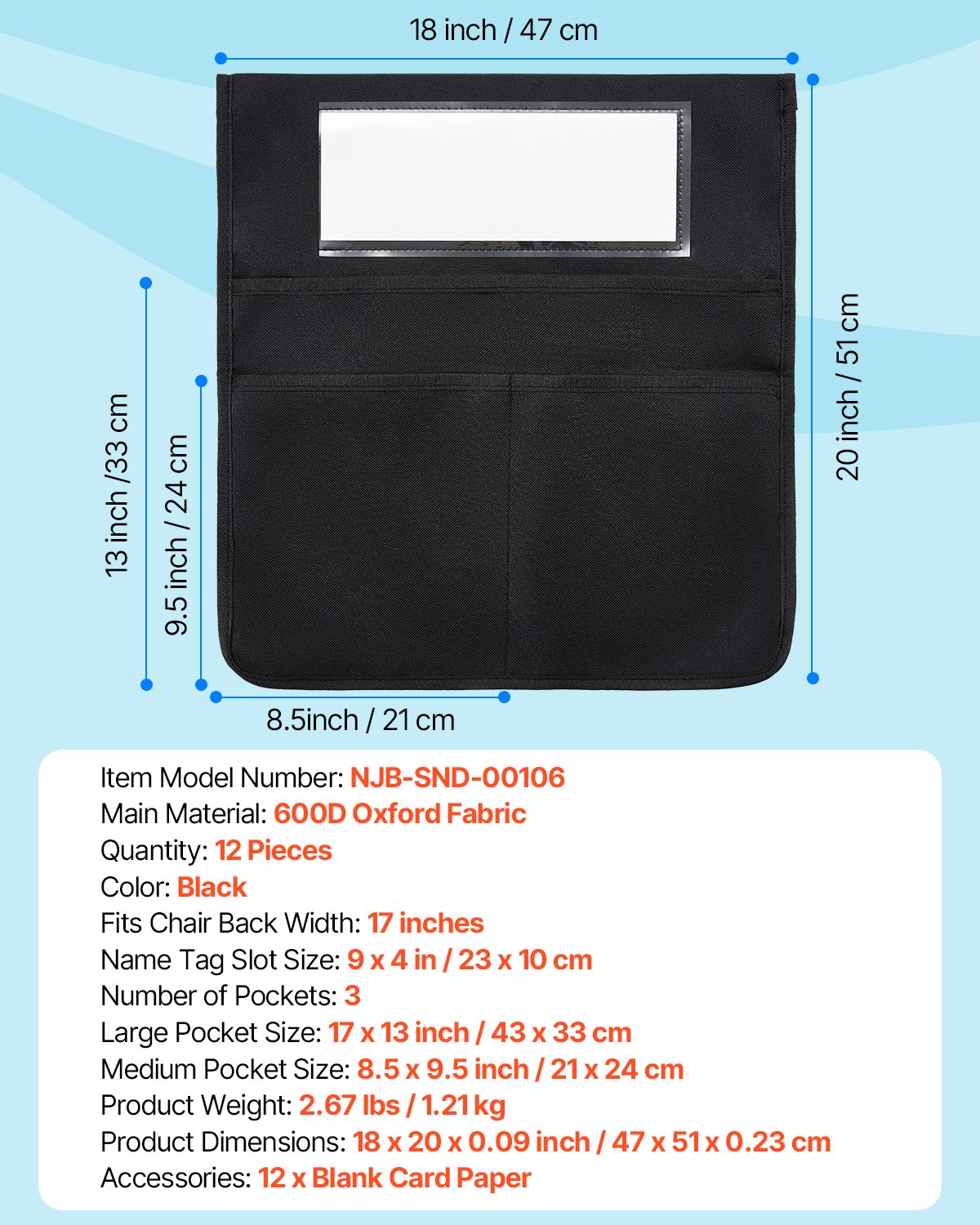 VEVOR Classroom Chair Organizer, 12-Pack, 47x51 cm, Backrest Bag with Name Tag, Chair Back Organizer for Children in the Classroom, Kindergarten, School & Home, Black