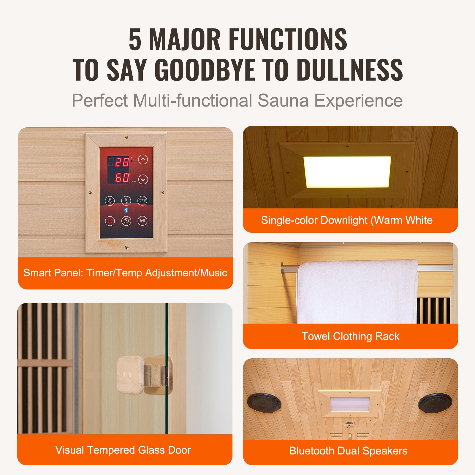 Sauna de madera de infrarrojos lejanos VEVOR, sauna de spa para una sola persona, sauna de madera de cicuta de infrarrojos lejanos de bajo EMF con puerta de vidrio templado, lámpara de lectura LED y parlantes Bluetooth, 1140 W para uso en interiores