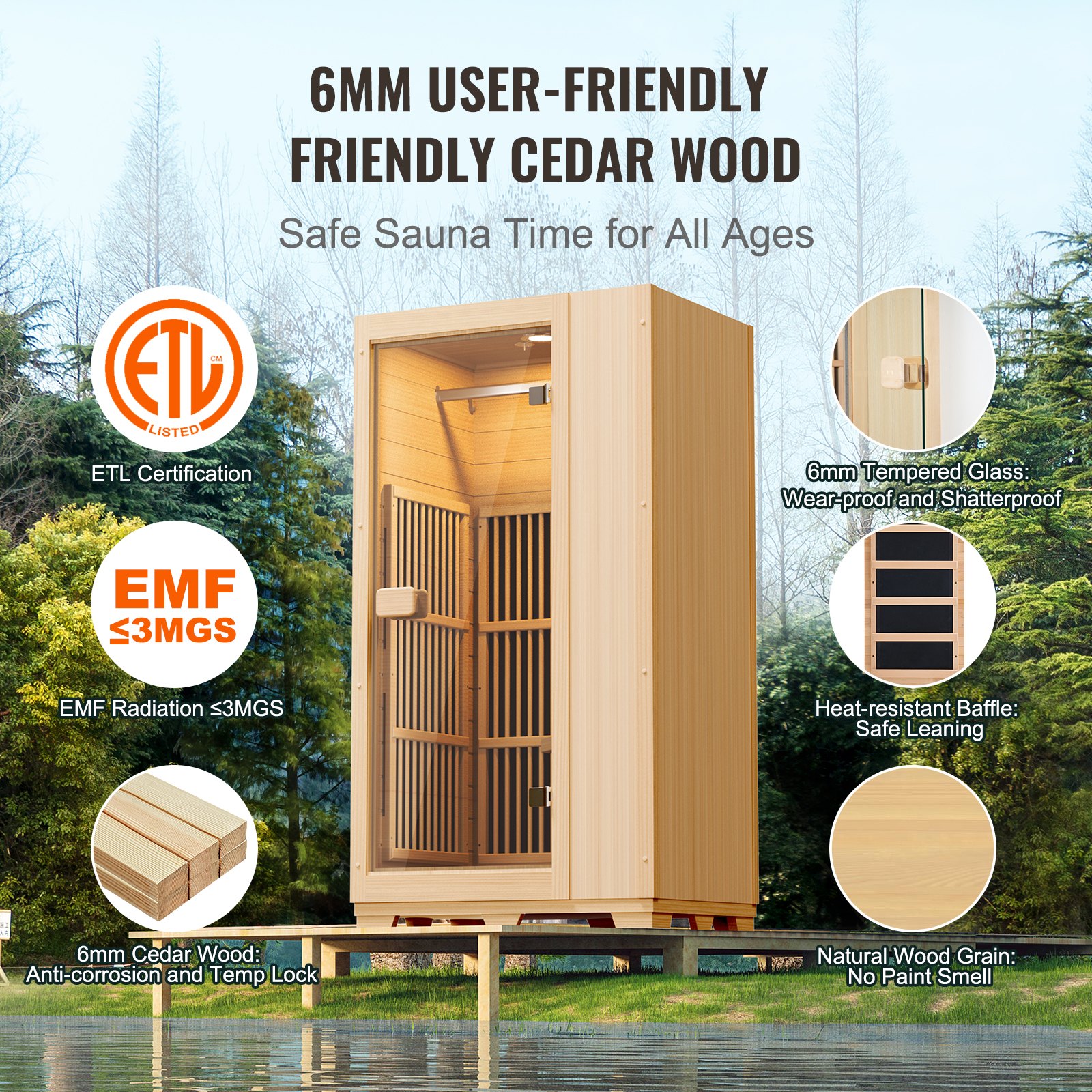 Sauna de madera de infrarrojos lejanos VEVOR, sauna de spa para una sola persona, sauna de madera de cicuta de infrarrojos lejanos de bajo EMF con puerta de vidrio templado, lámpara de lectura LED y parlantes Bluetooth, 1140 W para uso en interiores