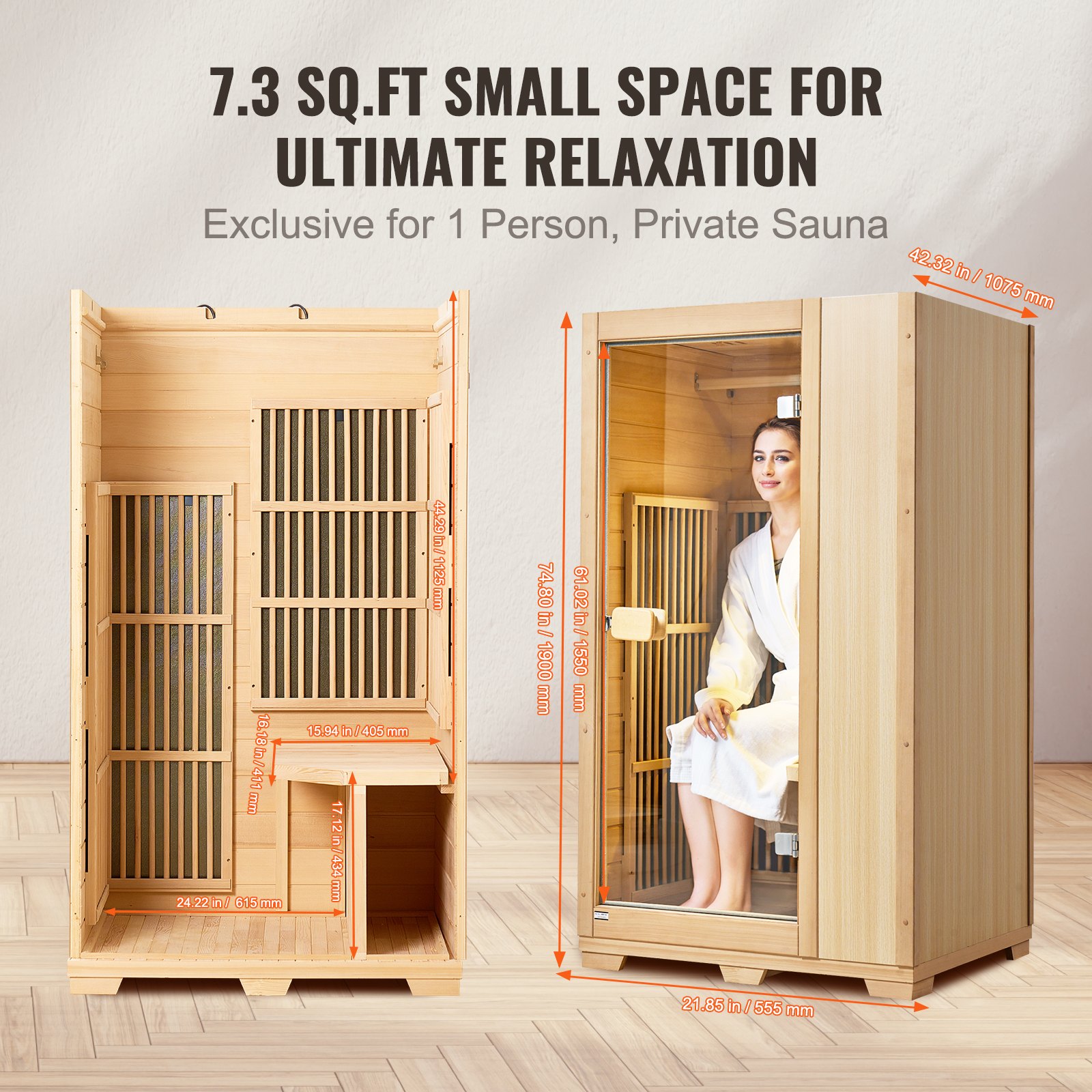 Sauna de madera de infrarrojos lejanos VEVOR, sauna de spa para una sola persona, sauna de madera de cicuta de infrarrojos lejanos de bajo EMF con puerta de vidrio templado, lámpara de lectura LED y parlantes Bluetooth, 1140 W para uso en interiores