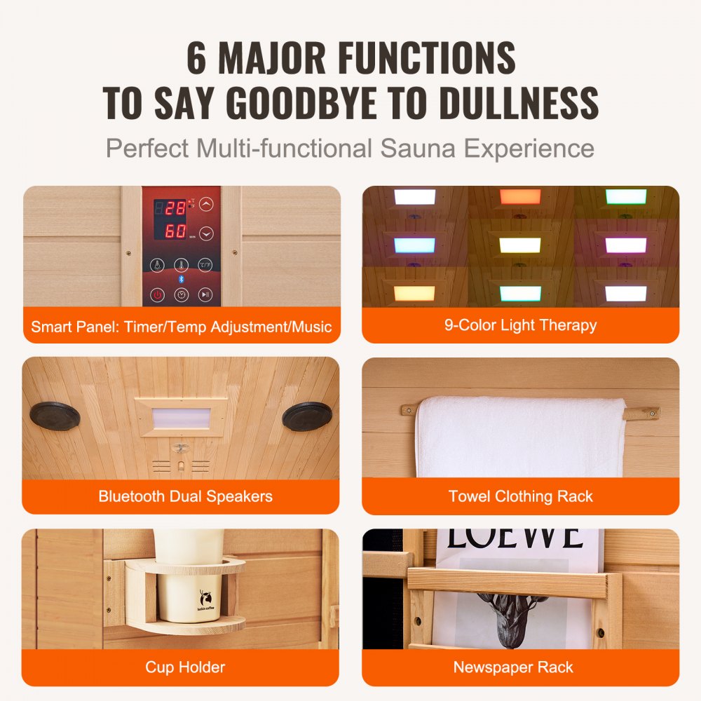 VEVOR Sauna de Infrarrojos Lejanos para 2 Personas Cabina de Sauna Casera de Madera Cicuta Infrarroja Baja EMF con Puerta de Vidrio Templado Altavoces Bluetooth, Uso en Interiores, 1800W