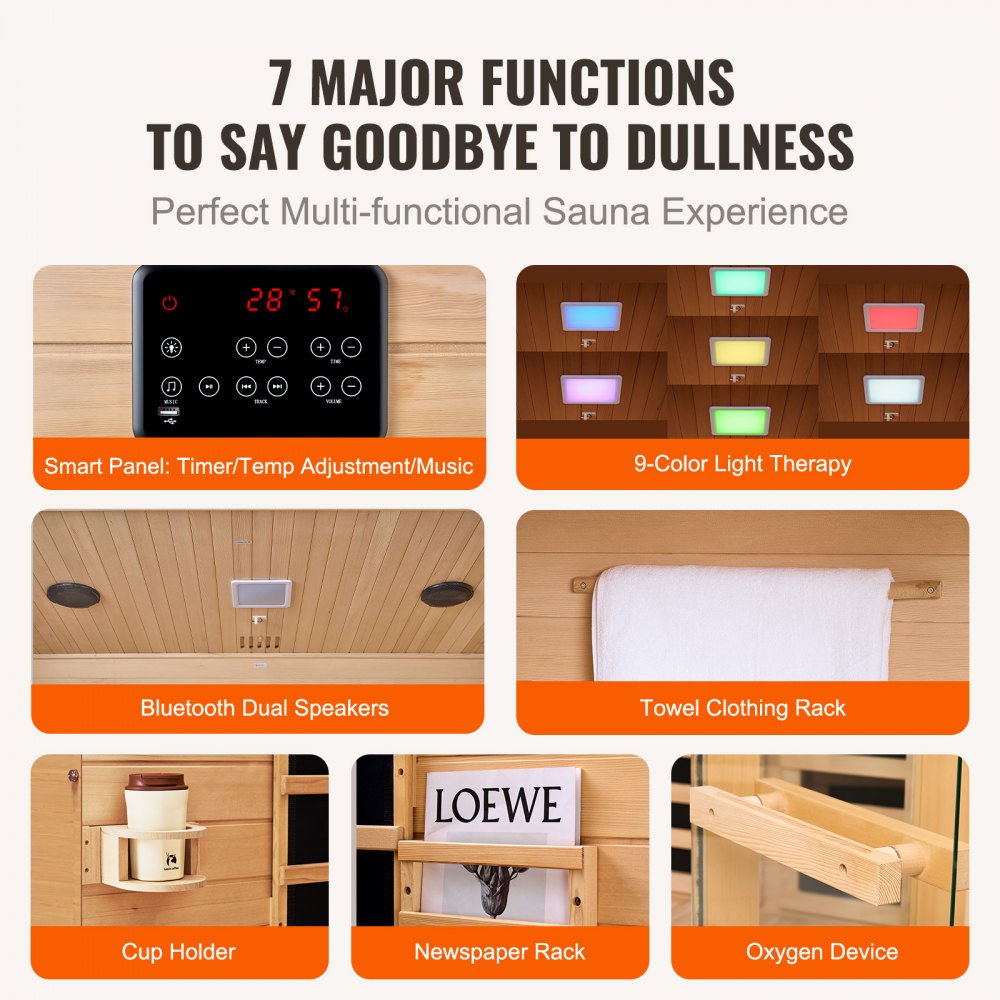 VEVOR Sauna de Infrarrojos Lejanos para 3-4 Personas Cabina de Sauna Casera de Madera Cicuta Infrarroja Baja EMF con Puerta de Vidrio Templado Altavoces Bluetooth Cromoterapia, 2470 W