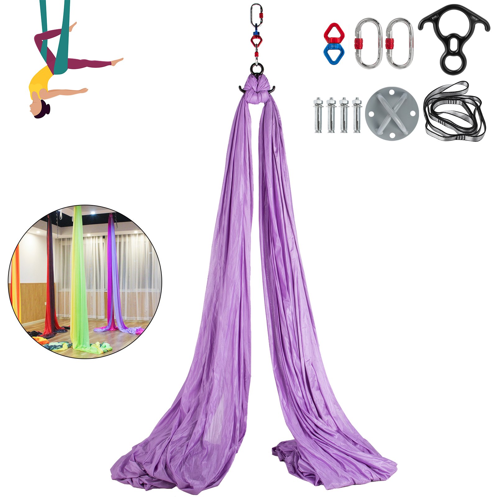 VEVOR Columpio de Yoga 10x2,8 M, Hamaca de Yoga de Color Lila, Yoga Aéreo de 100% Seda de Poliéster, Columpio de Yoga Aéreo con 2 de Mosquetones de Acero Aleado, Kit de Hamaca de Yoga para Pilates