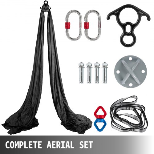 VEVOR Columpio de Yoga 10x2,8 M, Hamaca de Yoga de Color Negro, Yoga Aéreo de 100% Seda de Poliéster, Columpio de Yoga Aéreo con 2 de Mosquetones de Acero Aleado, Kit de Hamaca de Yoga para Pilates