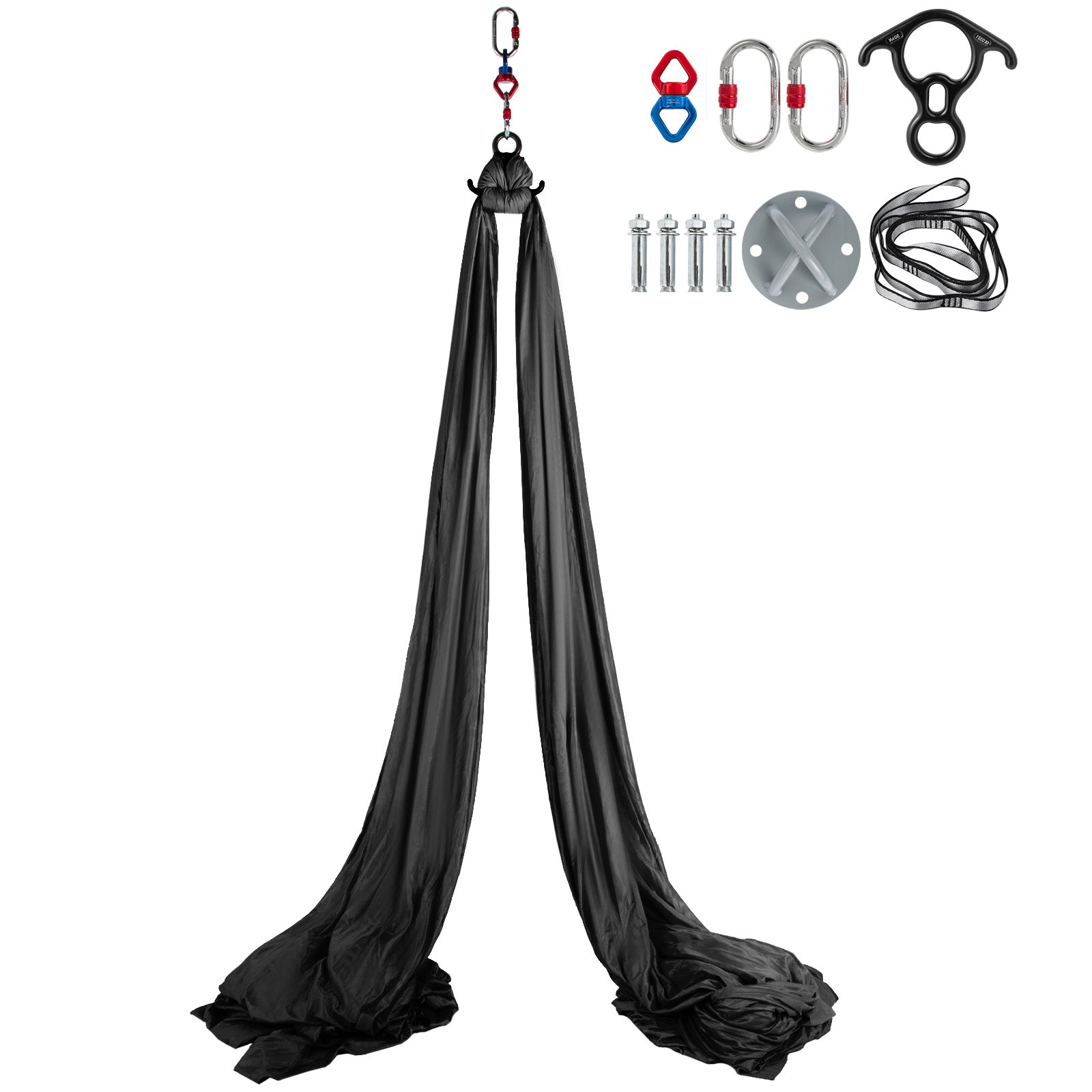 VEVOR Columpio de Yoga 10x2,8 M, Hamaca de Yoga de Color Negro, Yoga Aéreo de 100% Seda de Poliéster, Columpio de Yoga Aéreo con 2 de Mosquetones de Acero Aleado, Kit de Hamaca de Yoga para Pilates