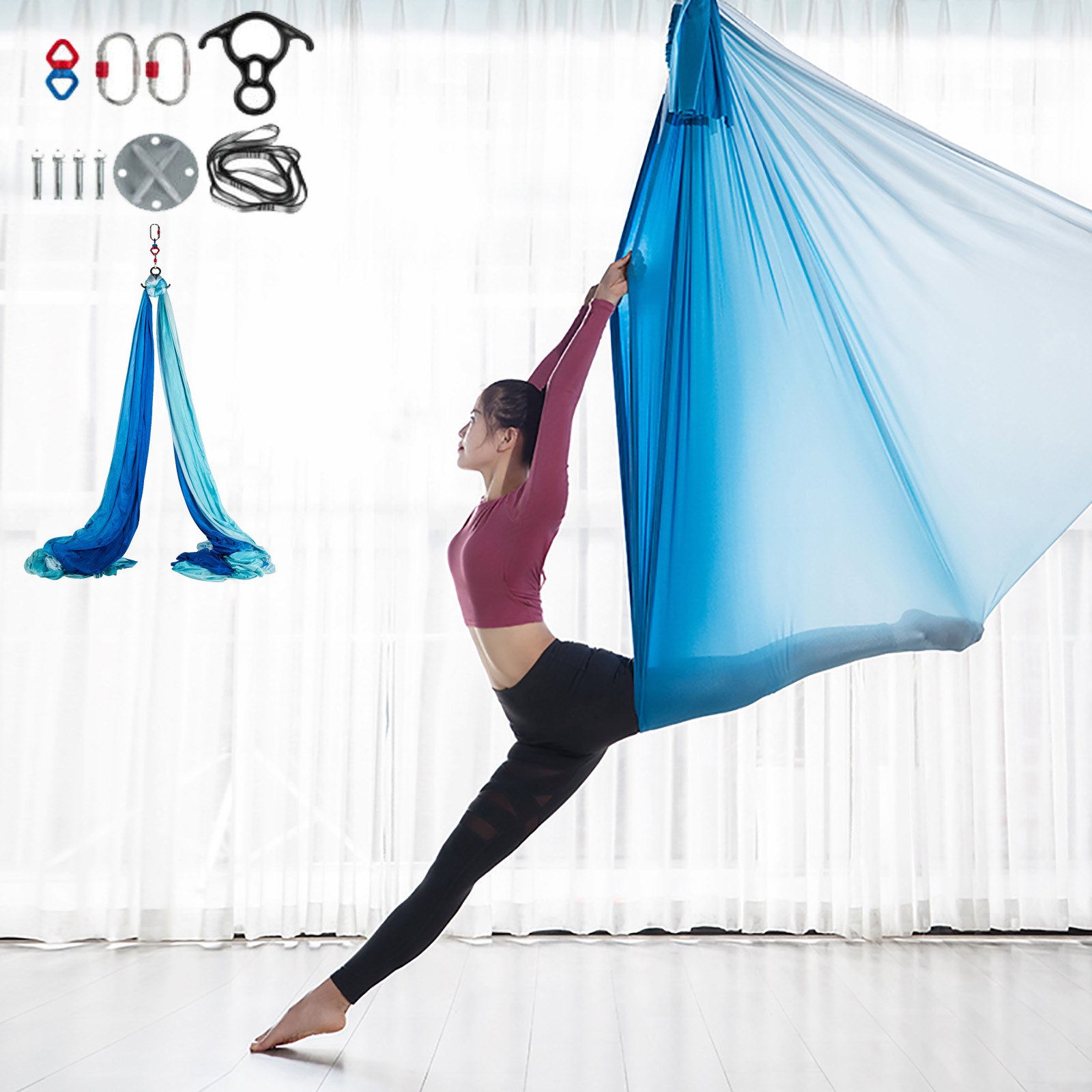 Columpio de Yoga 10x2,8M Hamaca de Yoga/Yoga Aéreo para Pilates Azul y Blanco