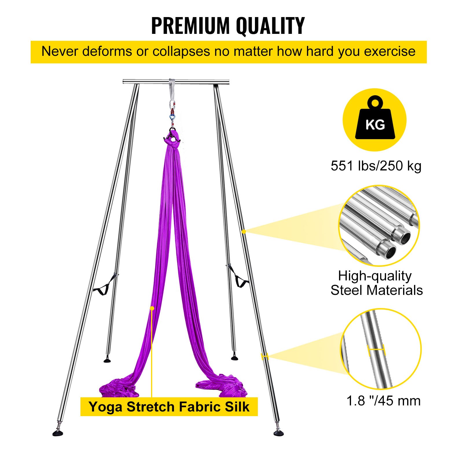 VEVOR Columpio de Yoga con Tela Elástica de Yoga, Hamaca de Yoga de Tubo de Acero, Yoga Aéreo de Carga Máxima 250 kg Soporte Adecuado para Pilates con Cinturones Elásticos de Yoga (Morado 12m)