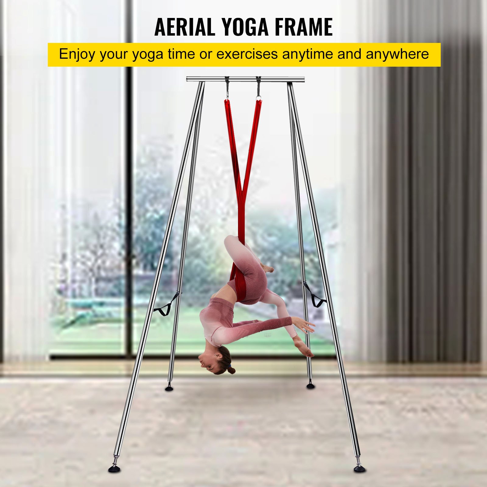 VEVOR Columpio de Yoga con Tela Elástica de Yoga, Hamaca de Yoga de Tubo de Acero, Yoga Aéreo de Carga Máxima 250 kg Soporte Adecuado para Pilates con Cinturones Elásticos de Yoga (Rojo 6m)