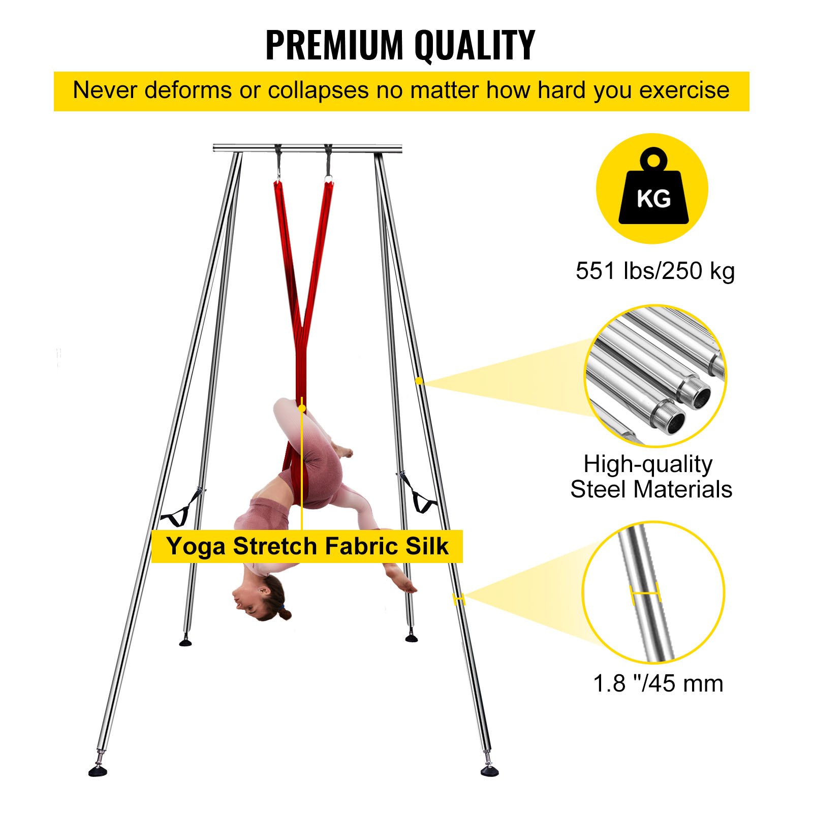 VEVOR Columpio de Yoga con Tela Elástica de Yoga, Hamaca de Yoga de Tubo de Acero, Yoga Aéreo de Carga Máxima 250 kg Soporte Adecuado para Pilates con Cinturones Elásticos de Yoga (Rojo 6m)