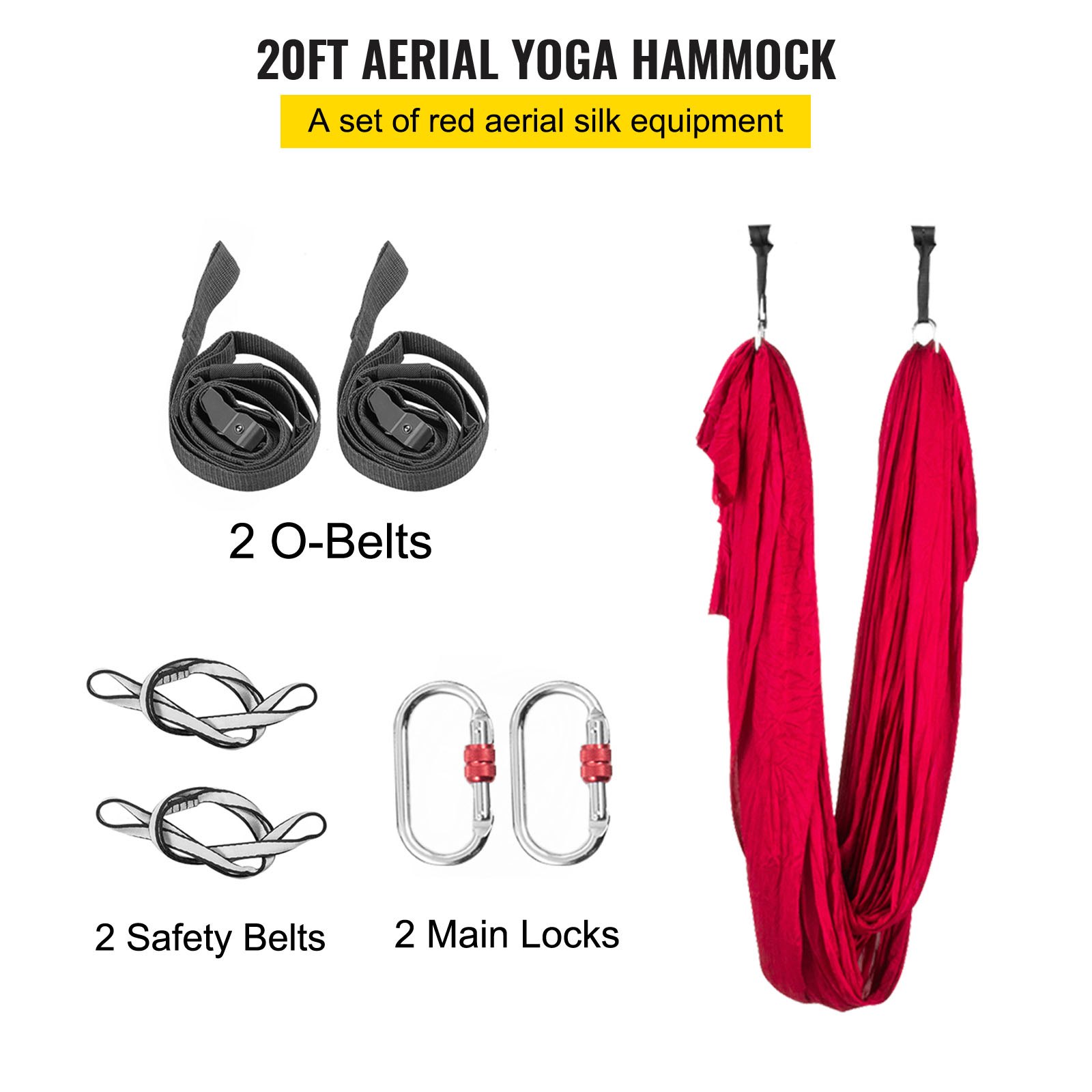 VEVOR Columpio de Yoga con Tela Elástica de Yoga, Hamaca de Yoga de Tubo de Acero, Yoga Aéreo de Carga Máxima 250 kg Soporte Adecuado para Pilates con Cinturones Elásticos de Yoga (Rojo 6m)