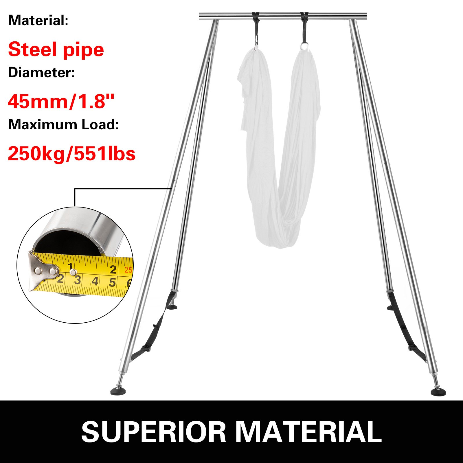 VEVOR Columpio de Yoga con Tela Elástica de Yoga de Color Blanco de 6 m Hamaca de Yoga de Tubo de Acero Yoga Aéreo de Carga Máxima 250 kg Soporte adecuado para Pilates con Cinturones Elásticos de Yoga