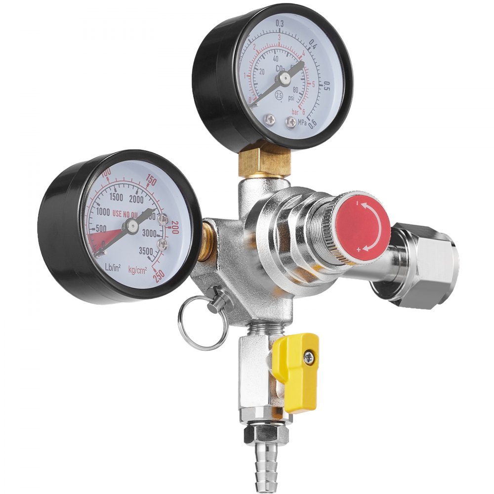 VEVOR Regulador de Doble Manómetro Estándar CGA320 Manómetro Regulador de CO2 Presión Ajustable 0-60 PSI con Válvula de Retención Manguera de 8 mm de Diámetro para Grifo de Cerveza, Barril de Cerveza