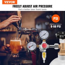 VEVOR Regulador de Doble Manómetro Estándar CGA320 Manómetro Regulador de CO2 Presión Ajustable 0-60 PSI con Válvula de Retención Manguera de 8 mm de Diámetro para Grifo de Cerveza, Barril de Cerveza