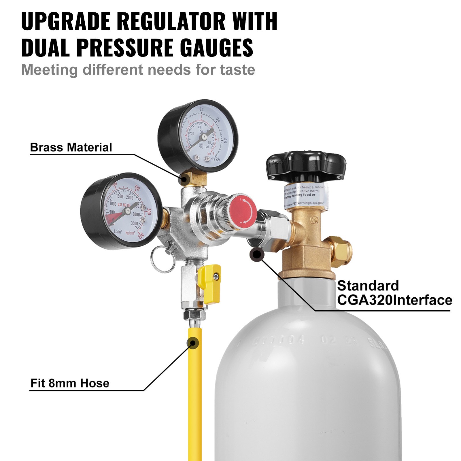 VEVOR Regulador de Doble Manómetro Estándar CGA320 Manómetro Regulador de CO2 Presión Ajustable 0-60 PSI con Válvula de Retención Manguera de 8 mm de Diámetro para Grifo de Cerveza, Barril de Cerveza
