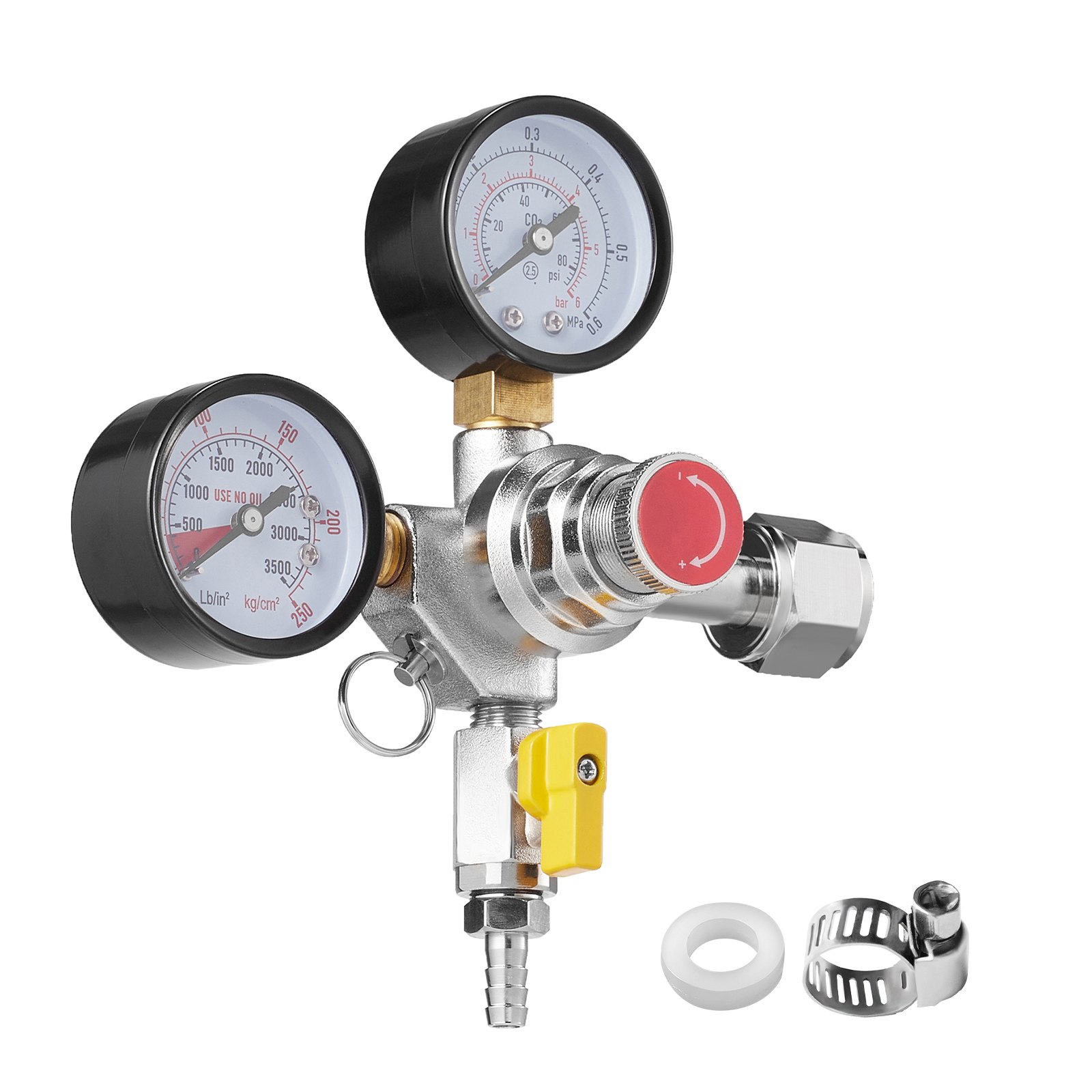 VEVOR Regulador de Doble Manómetro Estándar CGA320 Manómetro Regulador de CO2 Presión Ajustable 0-60 PSI con Válvula de Retención Manguera de 8 mm de Diámetro para Grifo de Cerveza, Barril de Cerveza