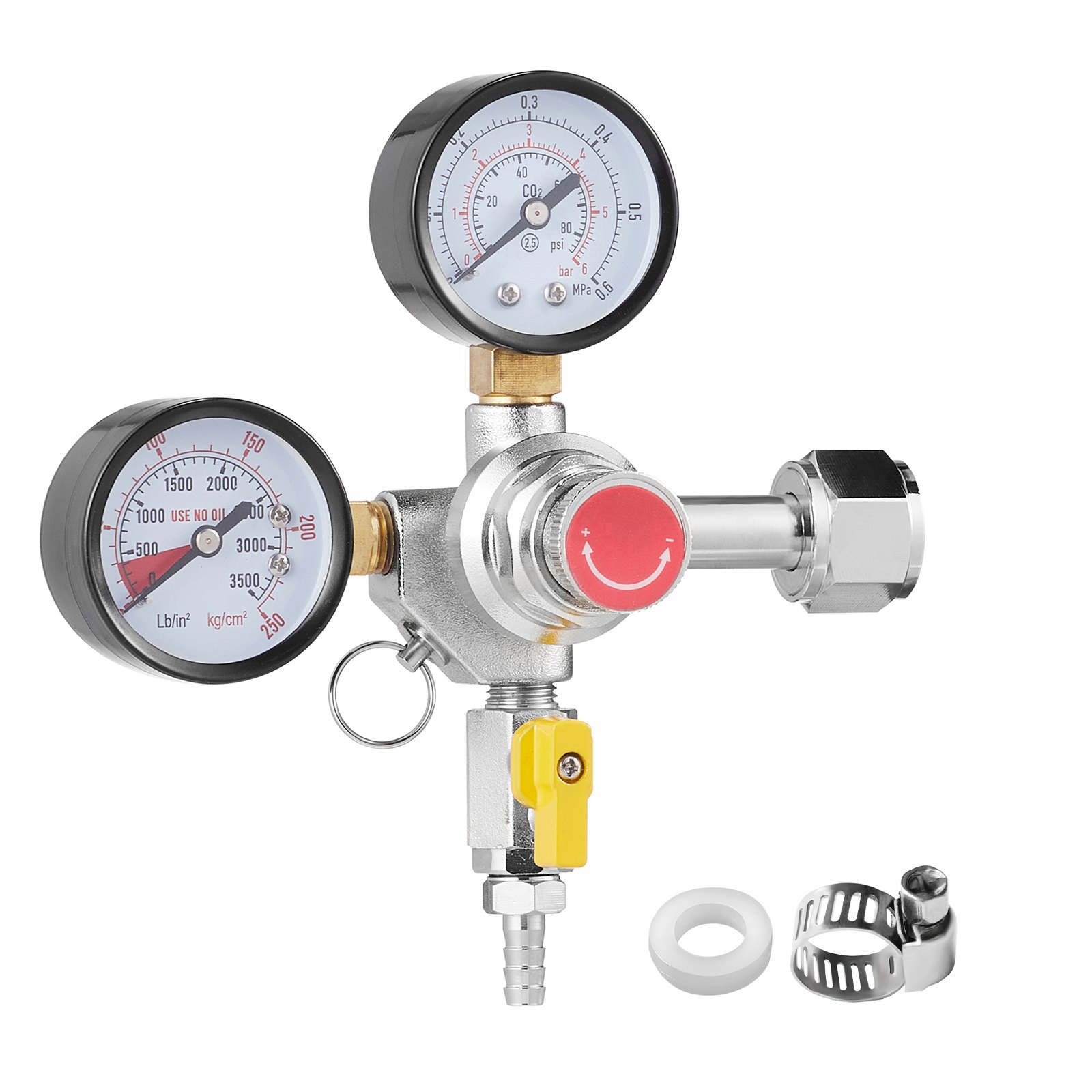 VEVOR Regulador de Doble Manómetro Estándar CGA320 Manómetro Regulador de CO2 Presión Ajustable 0-60 PSI con Válvula de Retención Manguera de 8 mm de Diámetro para Grifo de Cerveza, Barril de Cerveza