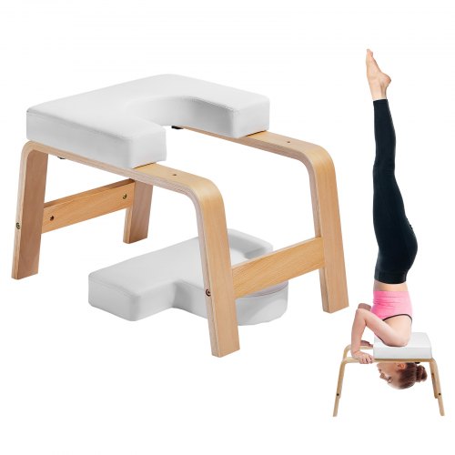 Banco de yoga VEVOR con capacidad para 300 libras, silla de inversión para yoga para gimnasio familiar, entrenador de postura de cabeza con marco de madera y almohadilla de PU, taburete de yoga de pie para entrenamiento de fuerza y equilibrio, alivia la fatiga, color blanco