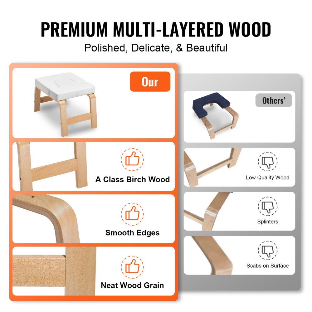 Banco de yoga VEVOR con capacidad para 300 libras, silla de inversión para yoga para gimnasio familiar, entrenador de postura de cabeza con marco de madera y almohadilla de PU, taburete de yoga de pie para entrenamiento de fuerza y equilibrio, alivia la fatiga, color blanco