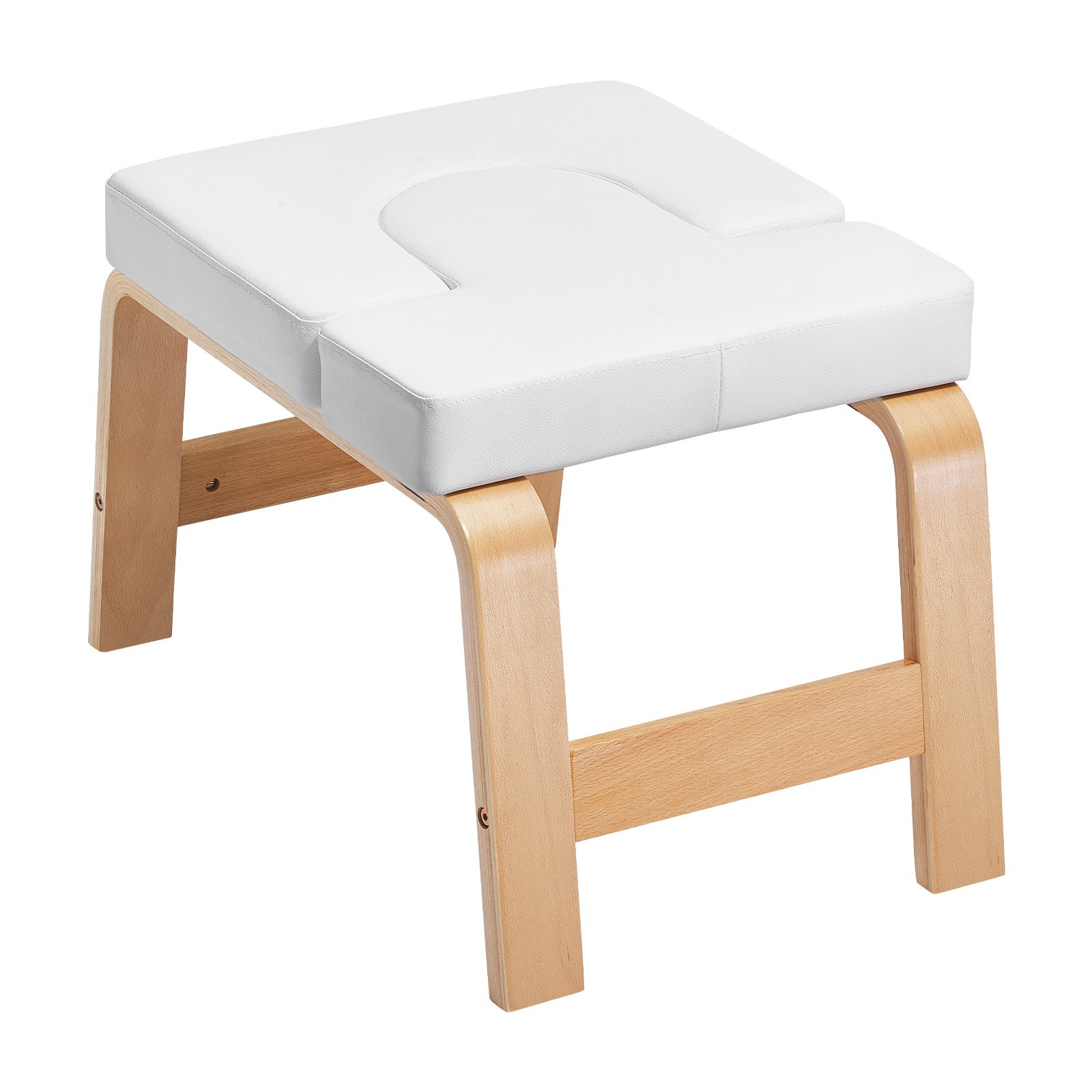 Banco de yoga VEVOR con capacidad para 300 libras, silla de inversión para yoga para gimnasio familiar, entrenador de postura de cabeza con marco de madera y almohadilla de PU, taburete de yoga de pie para entrenamiento de fuerza y equilibrio, alivia la fatiga, color blanco
