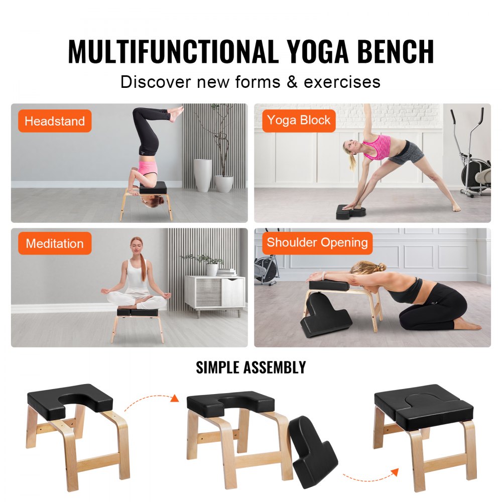 Banco de yoga VEVOR con capacidad para 300 libras, silla de inversión para yoga para gimnasio familiar, entrenador de postura de cabeza con marco de madera y almohadilla de PU, taburete de yoga de pie para entrenamiento de fuerza y equilibrio, alivia la fatiga, color negro