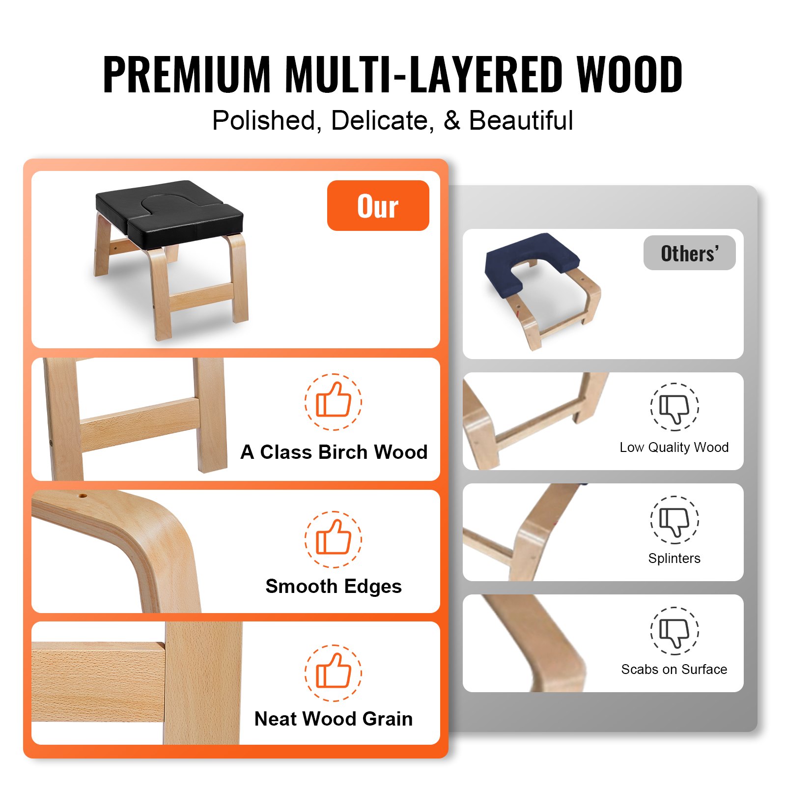 Banco de yoga VEVOR con capacidad para 300 libras, silla de inversión para yoga para gimnasio familiar, entrenador de postura de cabeza con marco de madera y almohadilla de PU, taburete de yoga de pie para entrenamiento de fuerza y equilibrio, alivia la fatiga, color negro