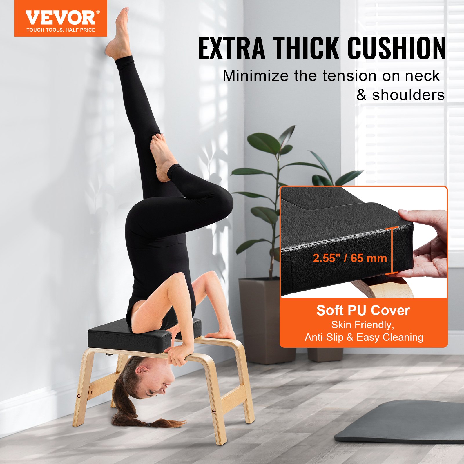 Banco de yoga VEVOR con capacidad para 300 libras, silla de inversión para yoga para gimnasio familiar, entrenador de postura de cabeza con marco de madera y almohadilla de PU, taburete de yoga de pie para entrenamiento de fuerza y equilibrio, alivia la fatiga, color negro