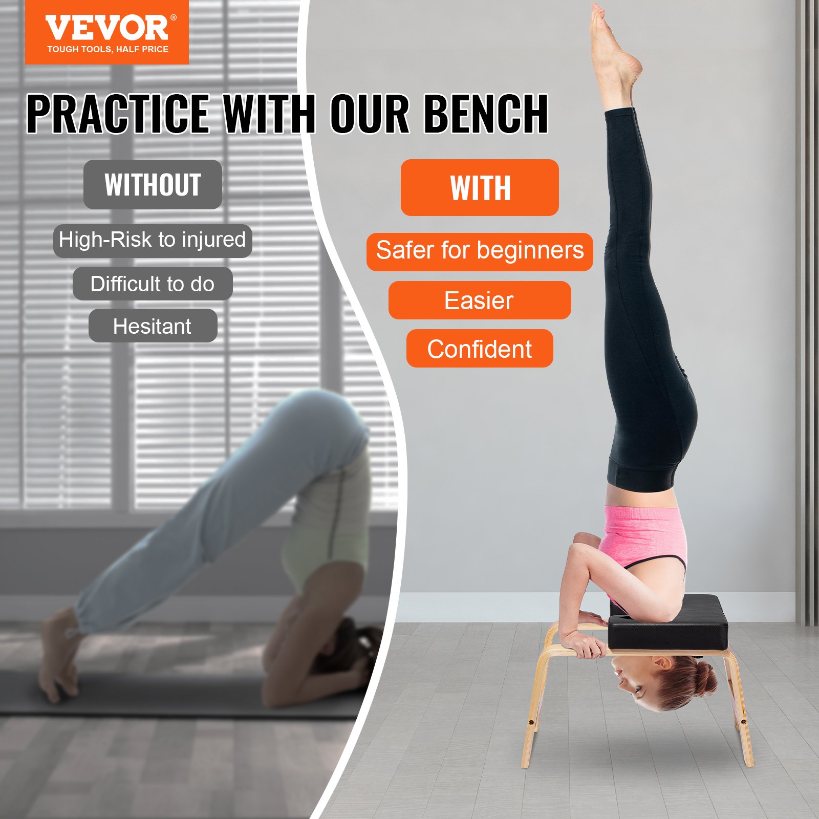 Banco de yoga VEVOR con capacidad para 300 libras, silla de inversión para yoga para gimnasio familiar, entrenador de postura de cabeza con marco de madera y almohadilla de PU, taburete de yoga de pie para entrenamiento de fuerza y equilibrio, alivia la fatiga, color negro